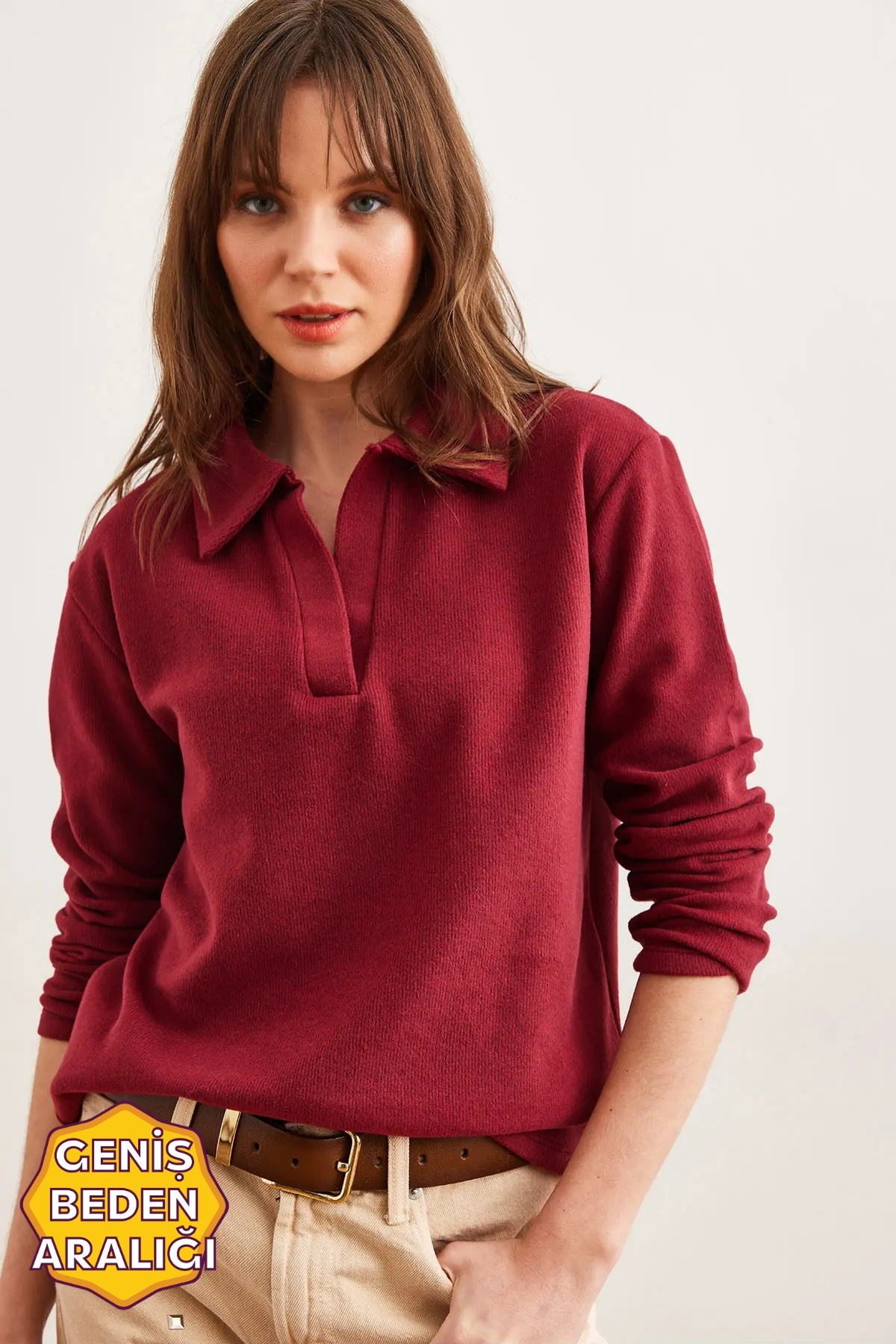 Olalook Kadın Bordo Polo Yaka Selanik Bluz BLZ-19002810