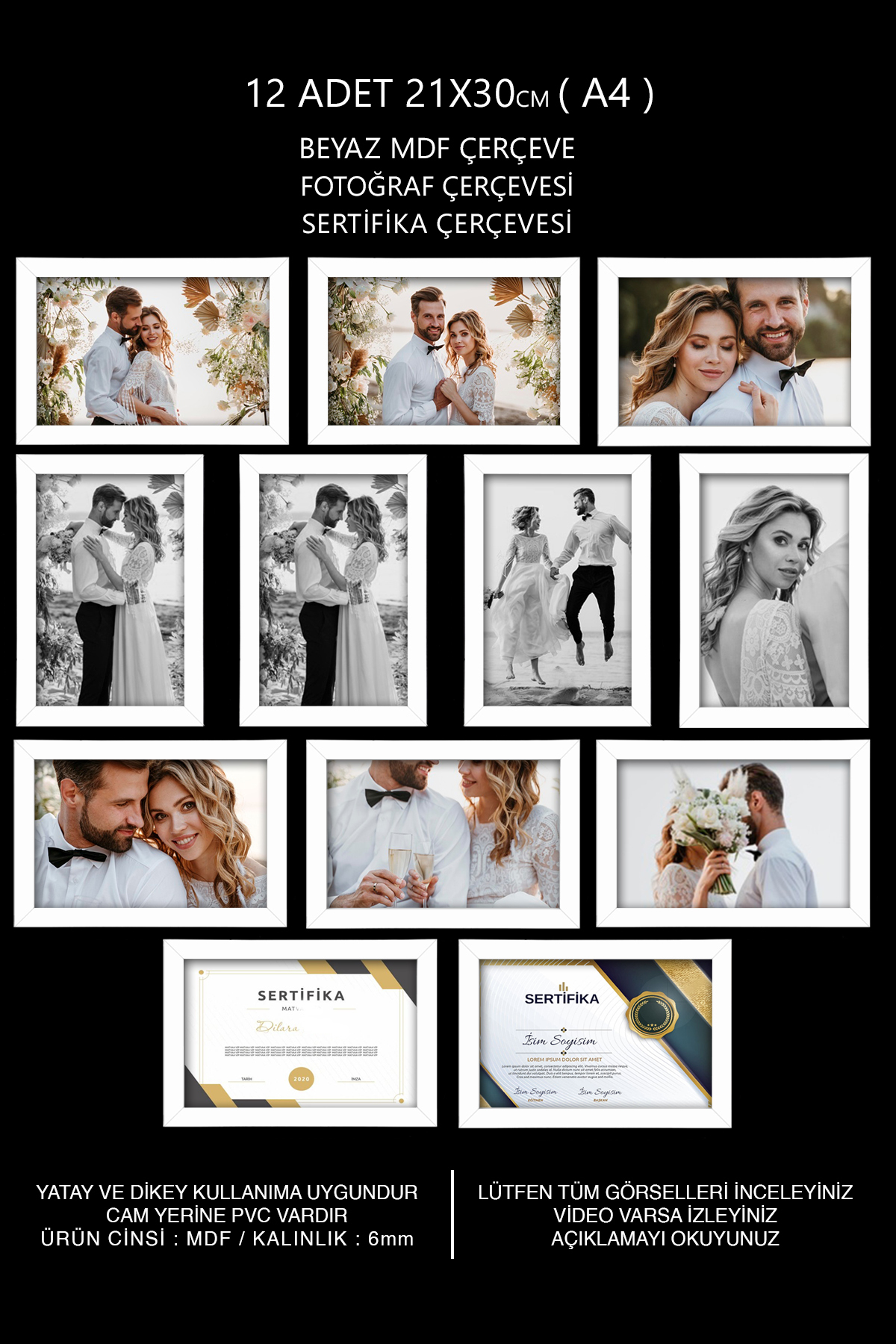 12 Pieces A4 Frame - White Frame - MDF 21x30 Frame - Photo & Certificate Frame