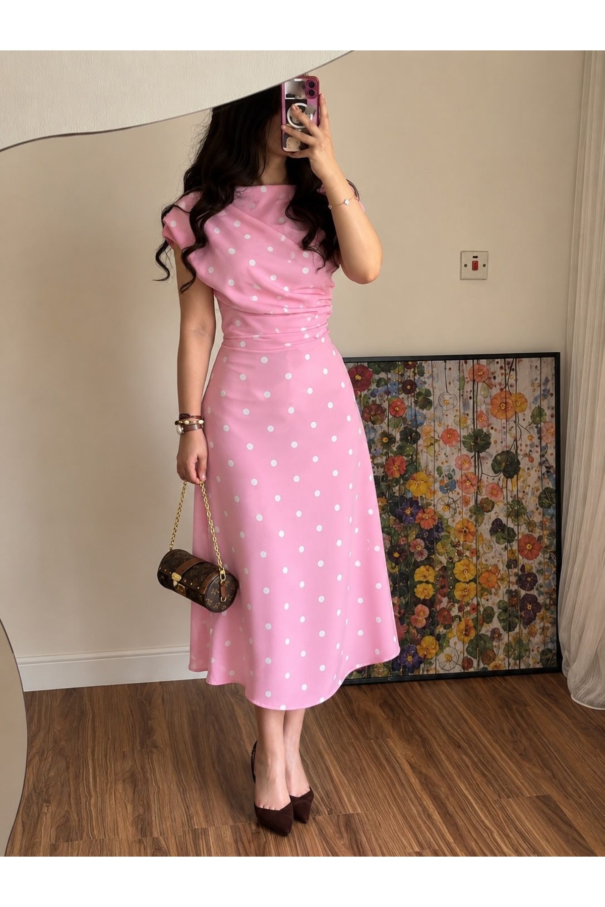 Women's Polka Dot Patterned Boat Neck Draped Dress