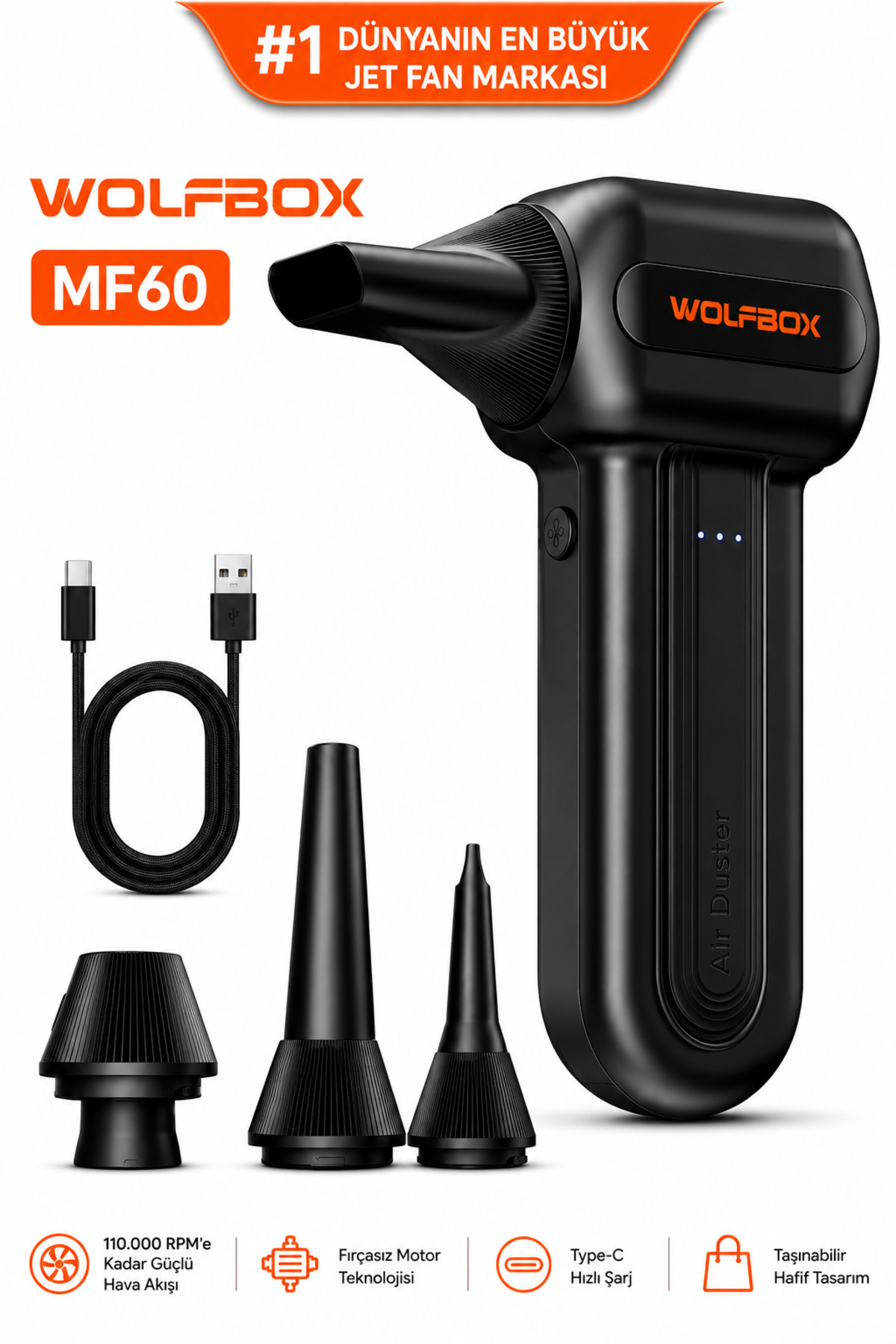 WOLFBOX MF60 Jet Fan Hava Üfleyici 110.000 RPM 5000 mAh Şarjlı
