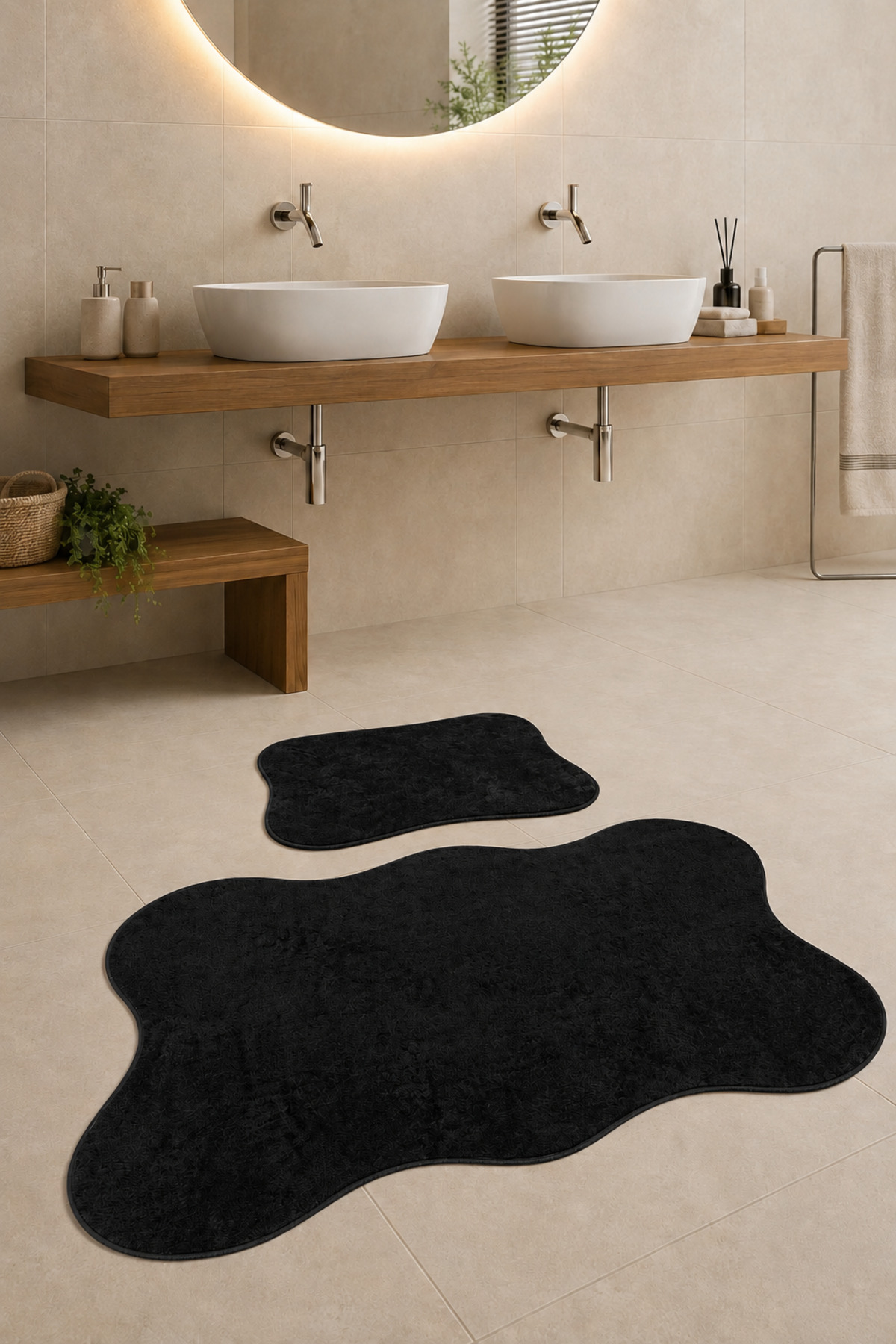 Anatolia 2-Piece Black 80x140 50x70 Cm Large Size Bath Mat Set Non-Slip Base Toilet Set
