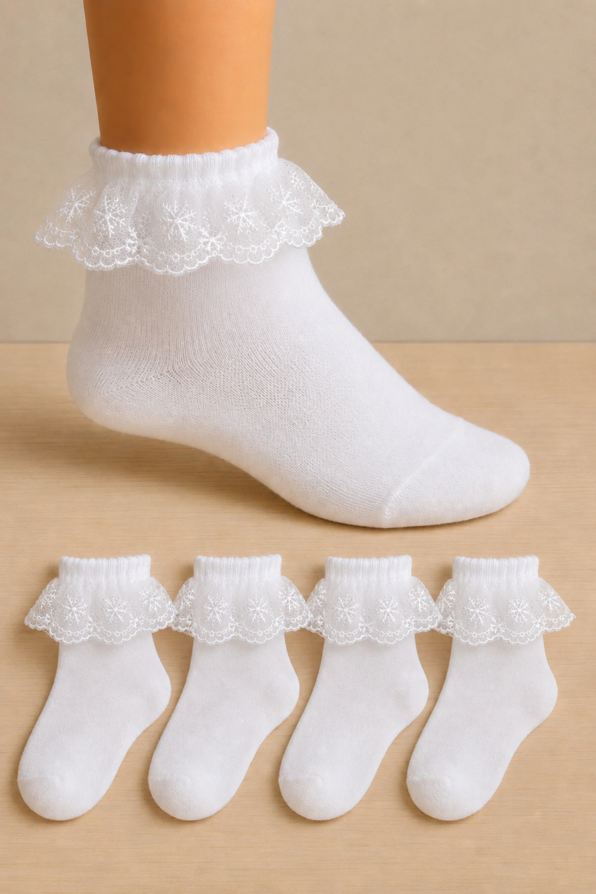 4 Pairs of Lace White Girls Socks