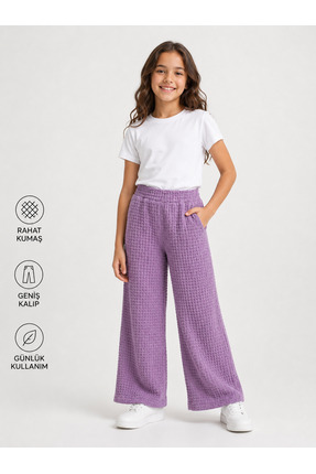 İncili Kız Çocuk Lila Geniş Paça Bubble Dokulu Cepli Pantolon - Rahat Kesim T...