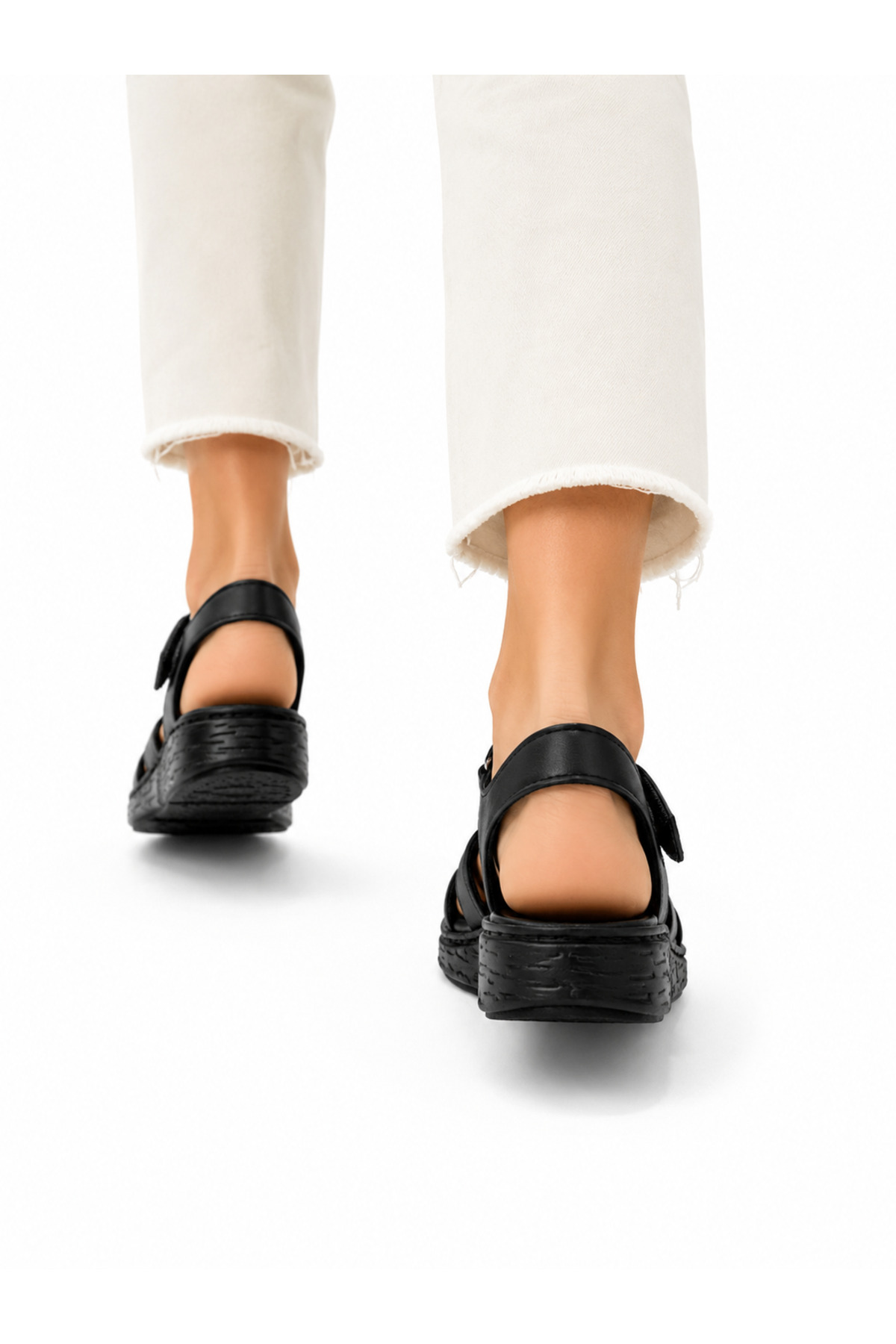 Cooka Shoes %100 Hakiki Deri Kadın Sandalet – Dolgu topuk - Anatomik Taban Günlük Rahat Kullanım – Siyah