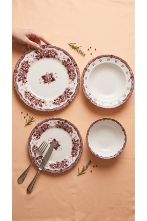 KÜTAHYA HOME Burgundy Romance 24 Parça Desenli Porselen Yemek Takımı – Şık So...