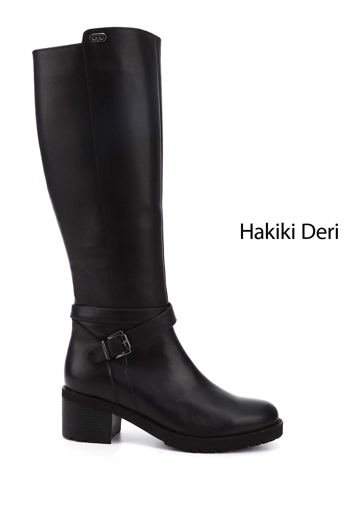 Women's Black Zippered Thick Heels Genuine Leather Boots