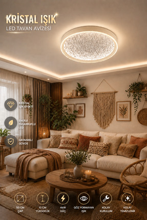 Elvora Home Modern PREMİUM Kumandalı 3 Renkli Plafonyer Kristal Efektli LEDli...