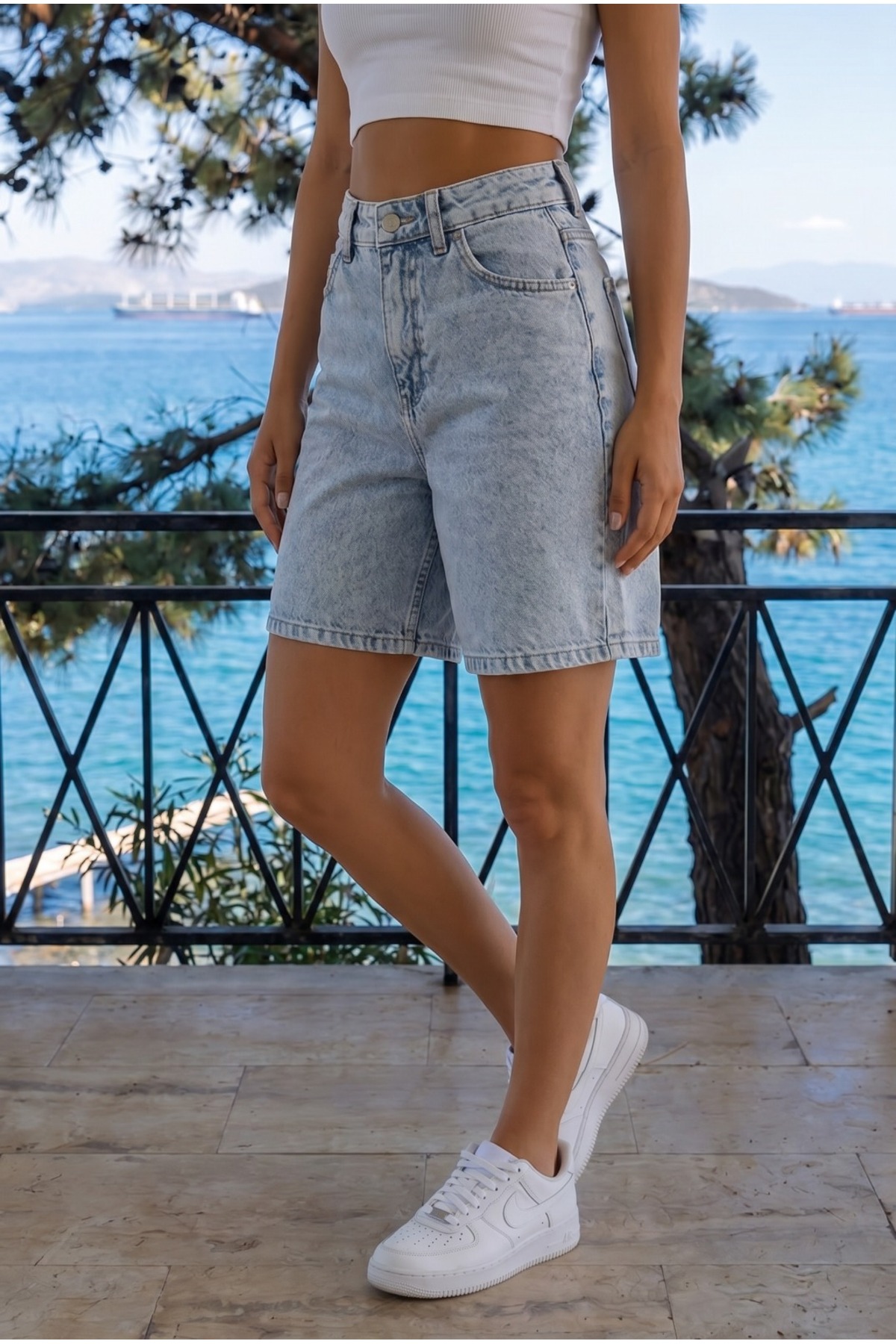 Açik açık mavi Kadın Yüksek Bel Rahat kesim Kar Yıkama Jean şort 3