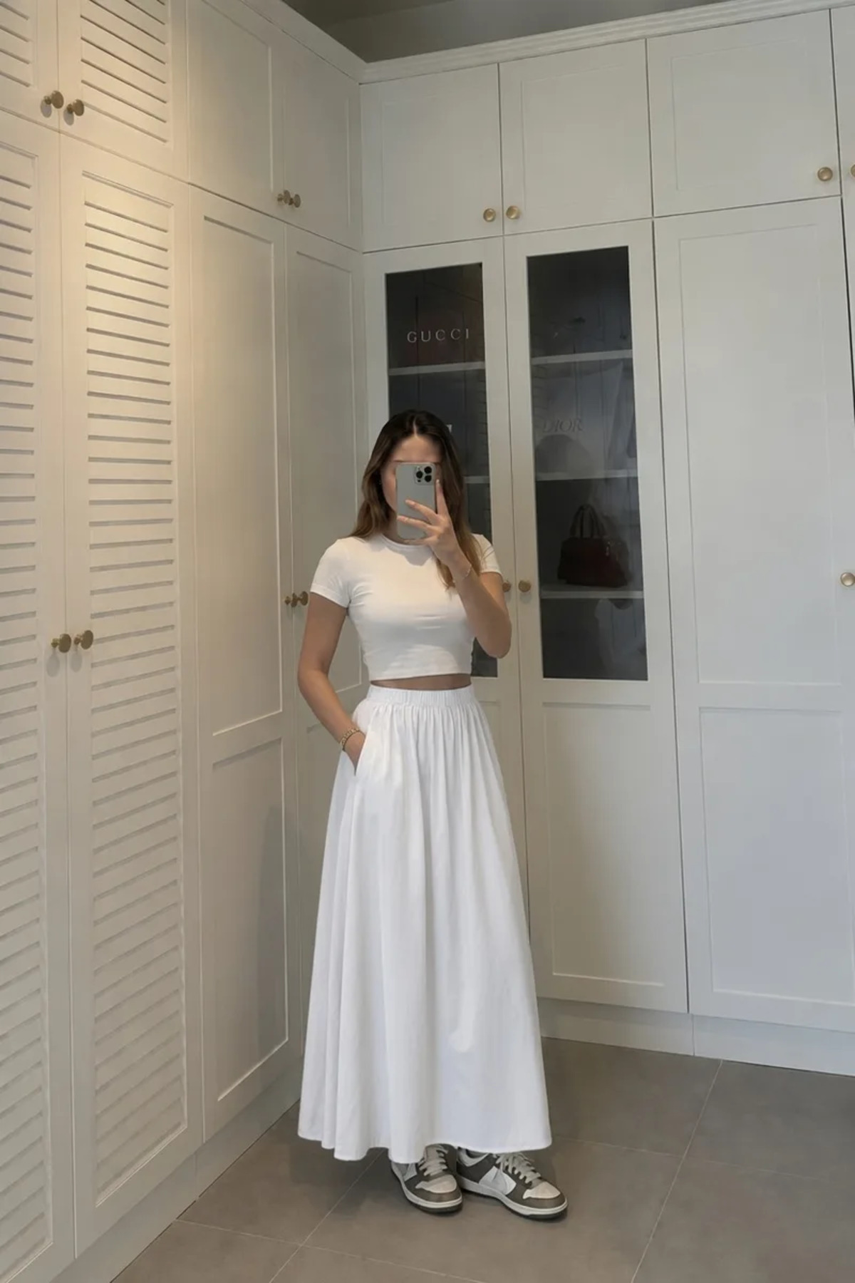 LUXINA GİYİM  Kadın Beyaz Poplin Kumaş Uzun Etek Beli Lastikli Günlük Maxi Etek 90 CM