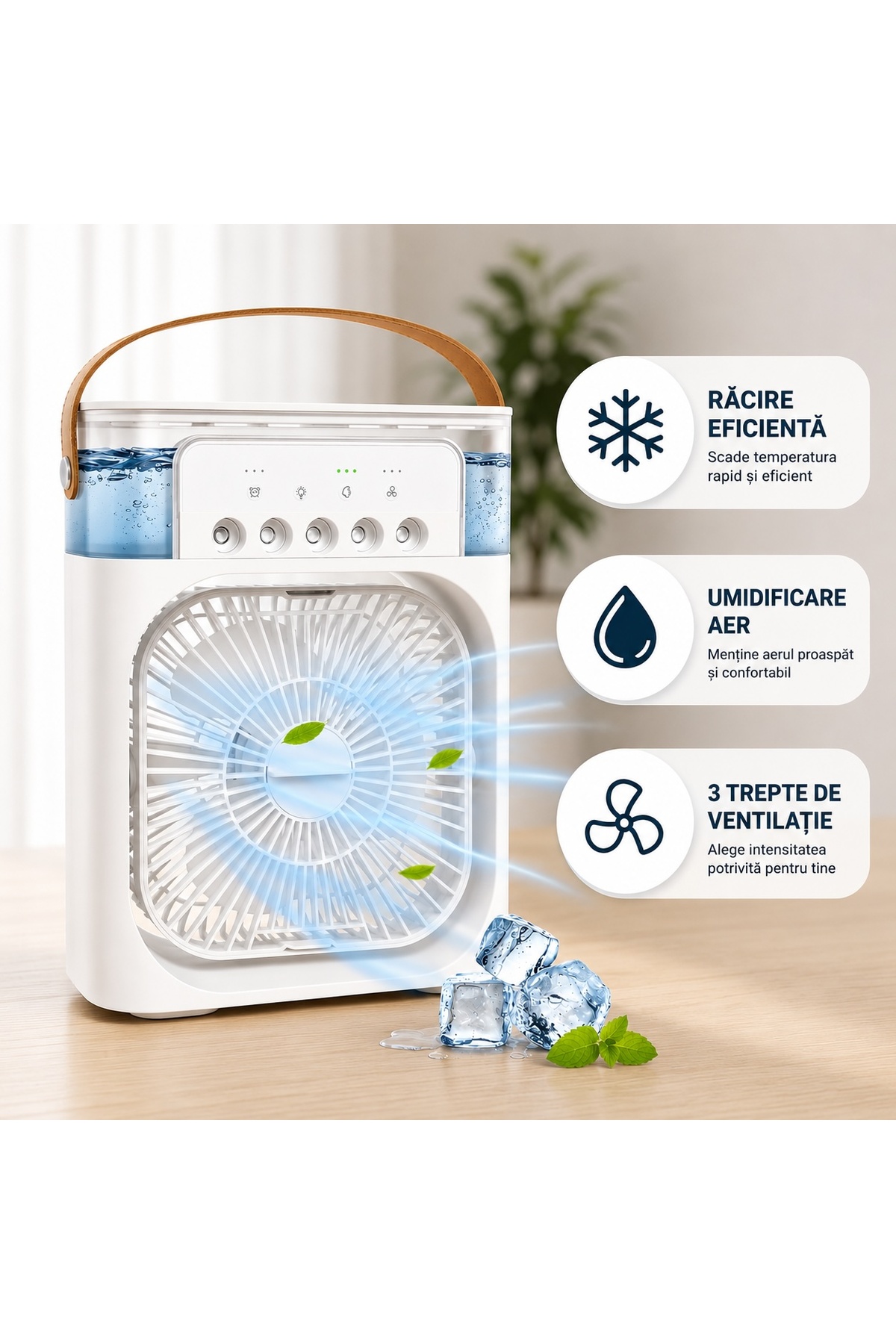 EMATTEIRO Mini Ventilator 3 în 1 Portabil, Răcitor de Aer și Umidificator, Pu...
