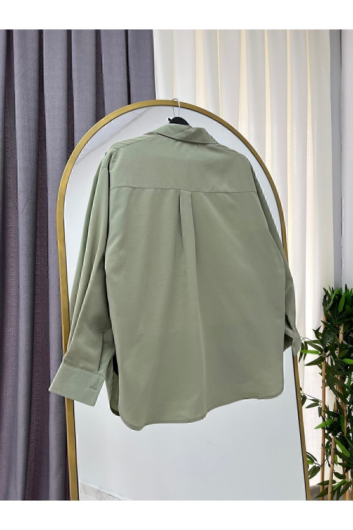 modabetce Oversize Balonkol Haki Yeşil Kadın Gömlek 010 görsel 3