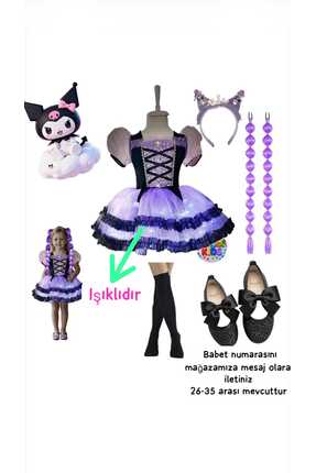 3b kids kuromi ışıklıı elbise kostüm kuromi mor bubble saç siyah çorap kuromi...