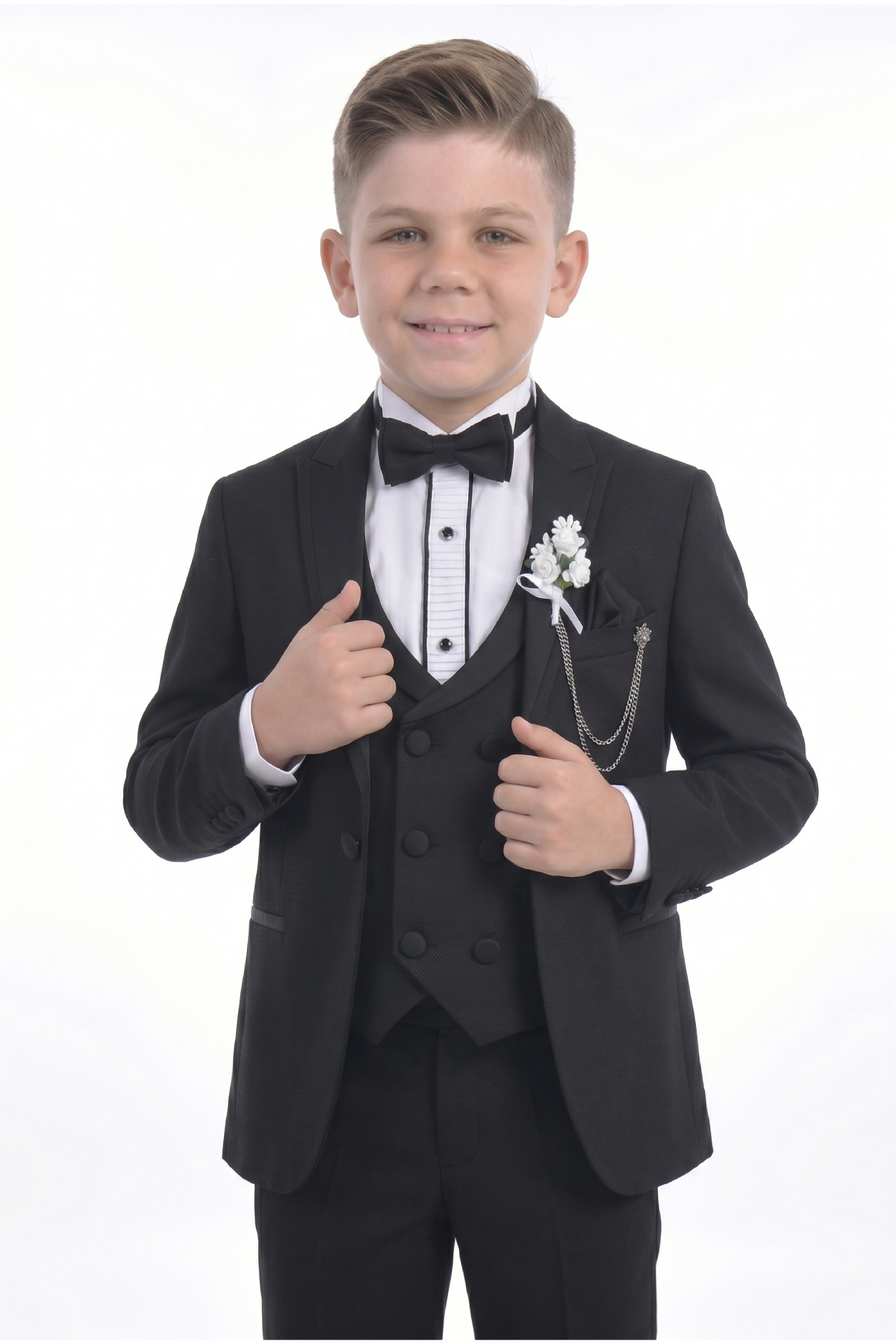ceocuk Black Stand Collar Boy Suit with Black Jacket and Double Breasted Vest
