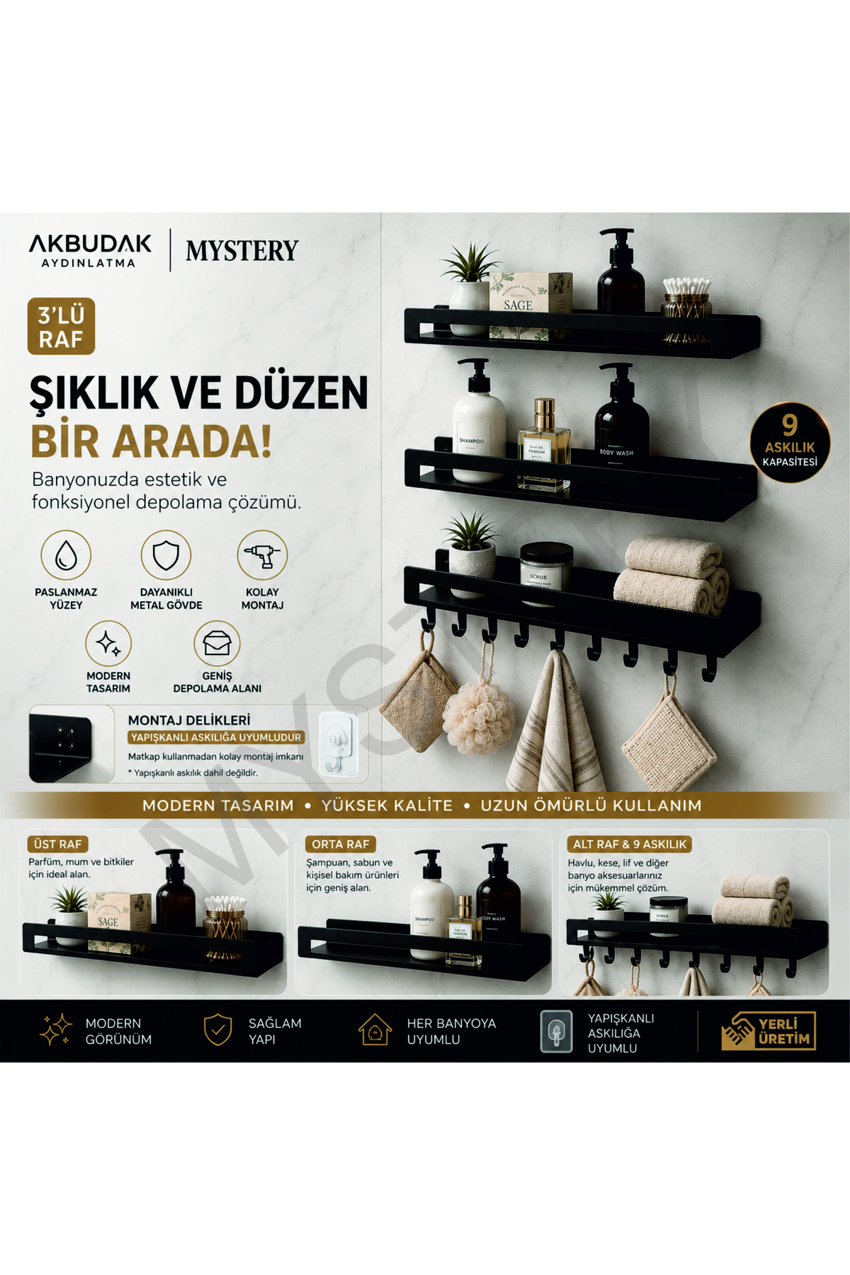 MYSTERY Banyo ve mutfak Düzenleyici Askılıklı Duş Rafı 3lü Set