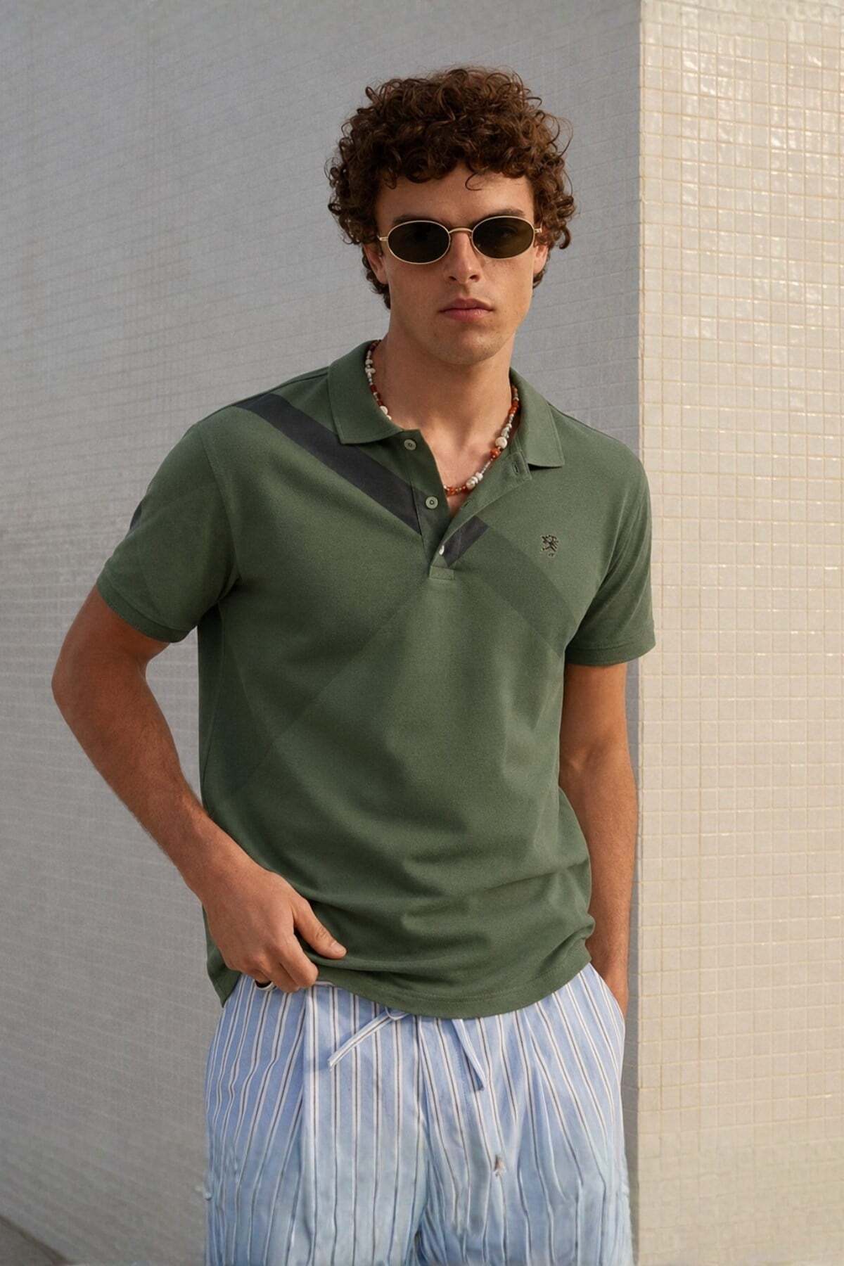 Madmext Khaki Patterned Polo Collar Men's T-Shirt 6081