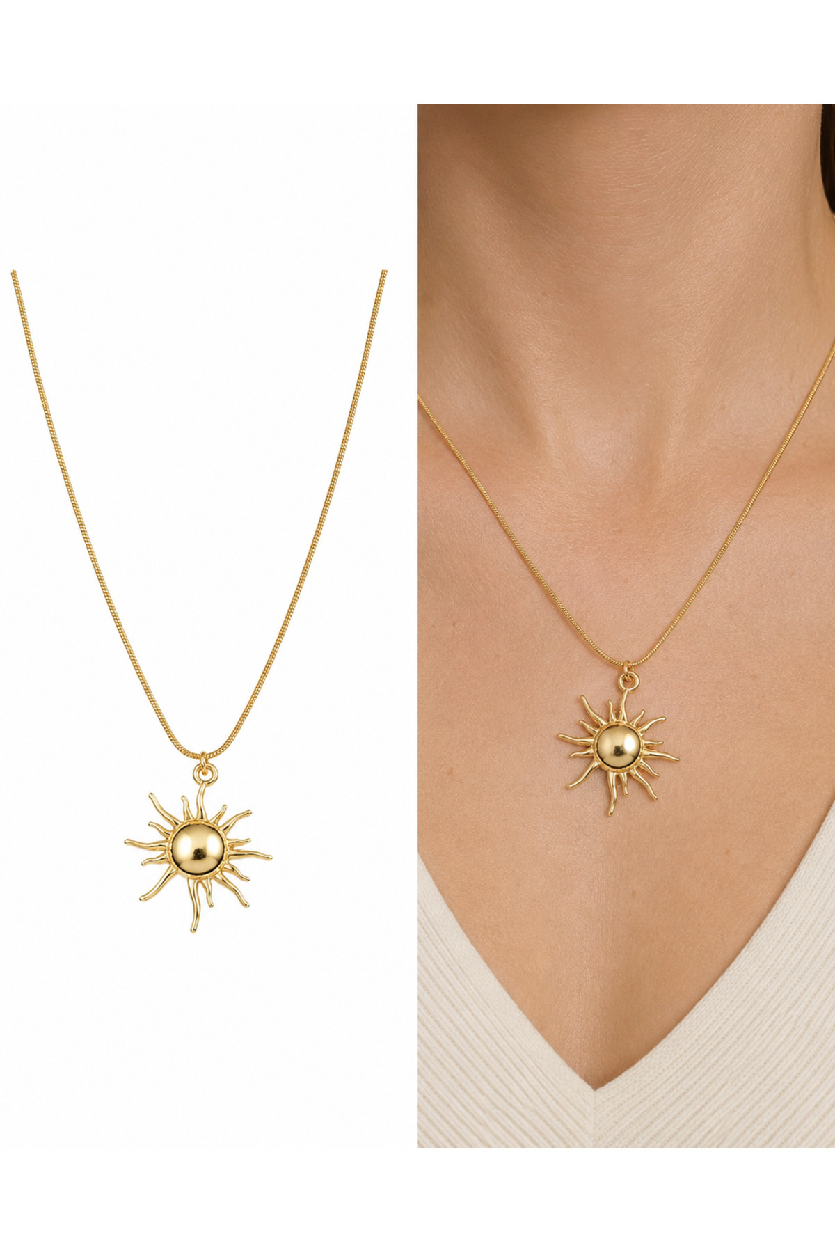 Güneş Charm Çelik Zincirli Gold Kadın Kolye (45 Cm)