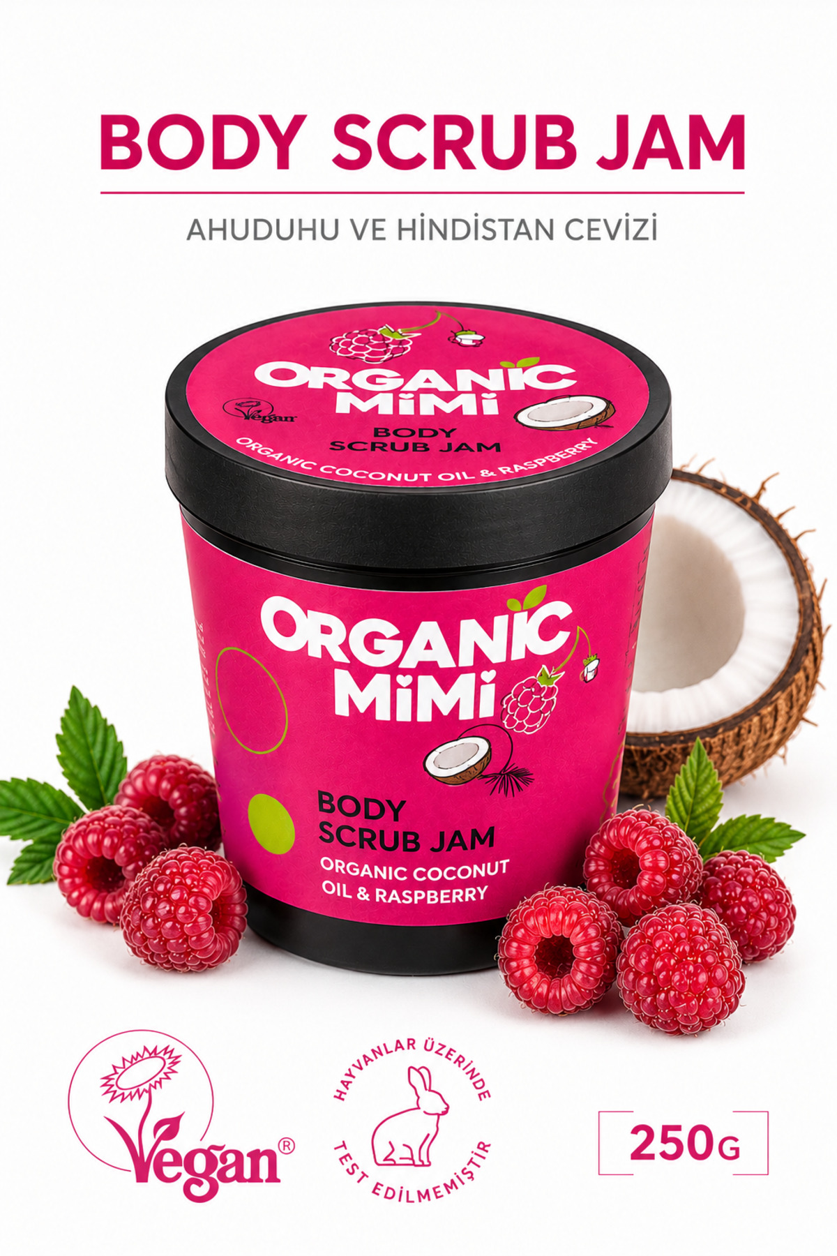 ORGANİC MİMİ Vücut Peelingi Hindistan Cevizi ve Ahududu Hassas Ciltler İçin %98 Doğal İçerik 250 g — 8606032061303