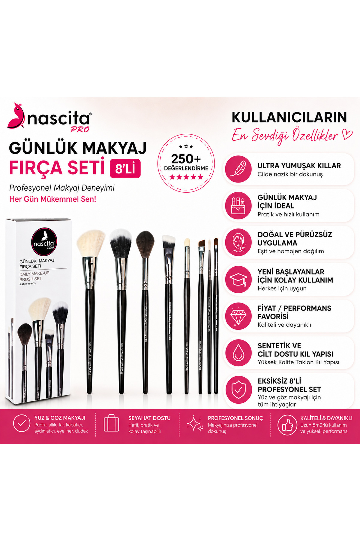 Pro Günlük Makyaj Fırça Seti 8'li — NASBRUSHSET52
