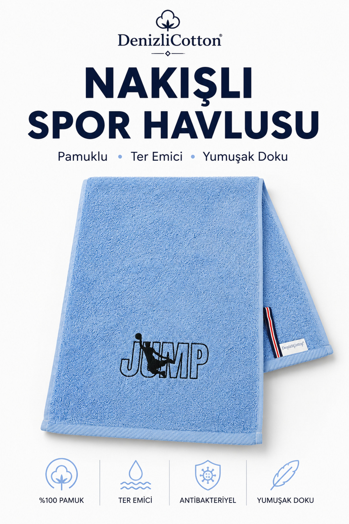 Blue Embroidered Sports Towel 30x90 cm Cotton Sweat Absorbent Fitness Pilates Tennis Boxing Towel