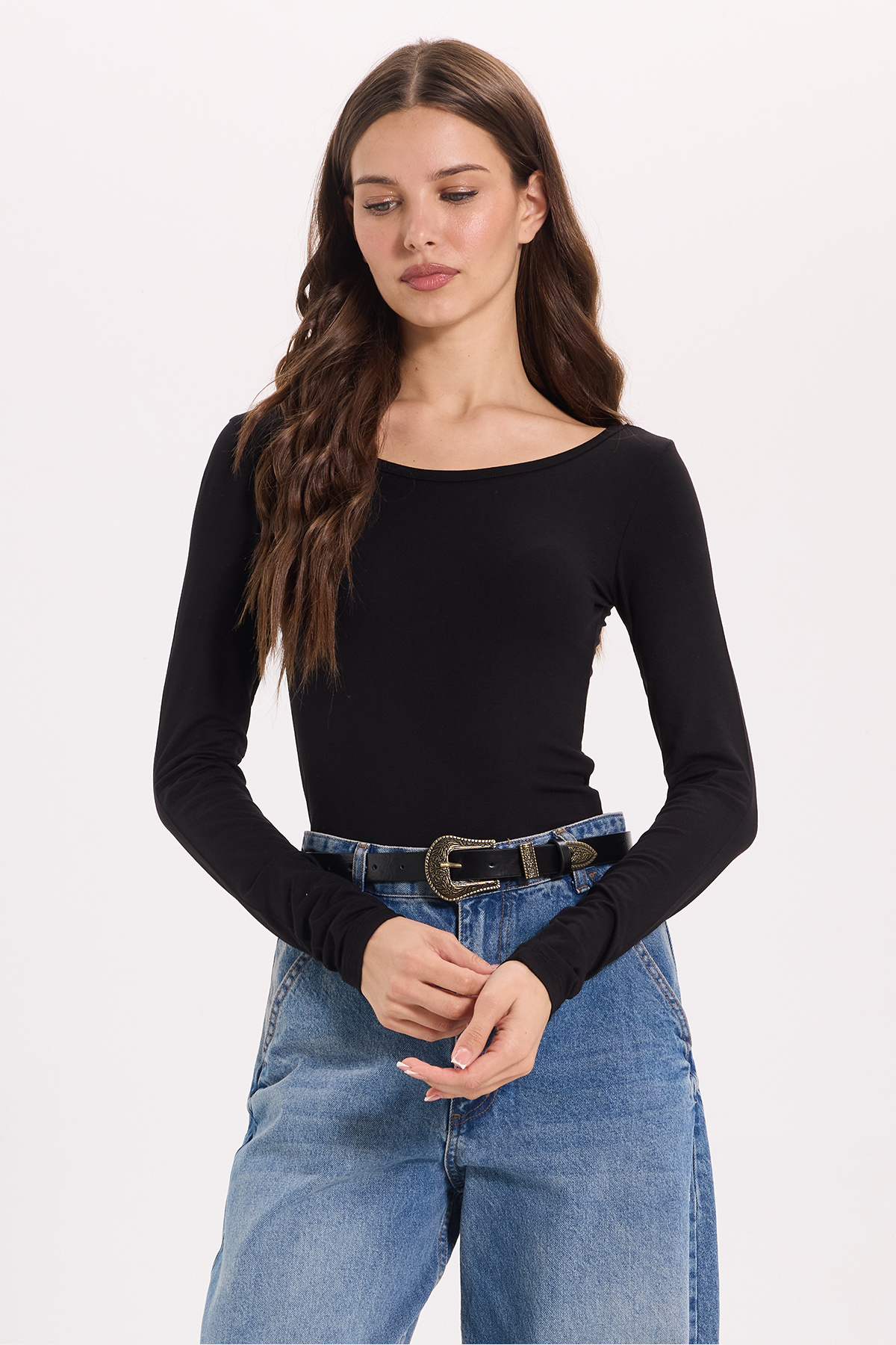 Tudors Kadın Slim Fit Dar Kesim Uzun Kollu Viskon Siyah Bluz görsel 6