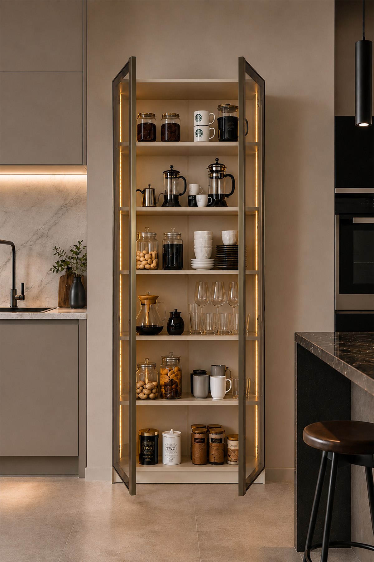 Dolce 2 Kapaklı Erzak Dolabı Led Işıklı Kiler Dolabı Temperli Camlı Çok Amaçlı Dolap Kitaplık 208 cm Vizon görsel 2