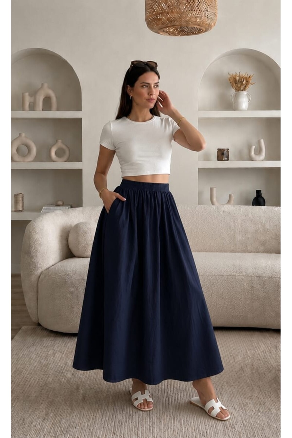 Gülmude  Çift Cepli Poplin Kumaş Beli Lastikli İç Göstermez Maxi Etek (90 CM) - Görsel 7