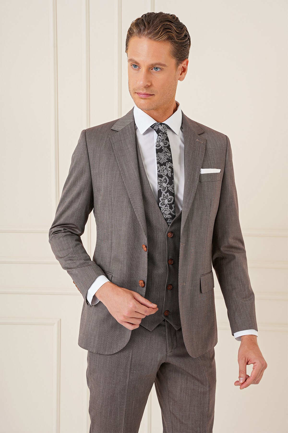 Efor Slim Fit Esnek Yelekli Klasik Vizon Takım Elbise Tk 897 görsel 3