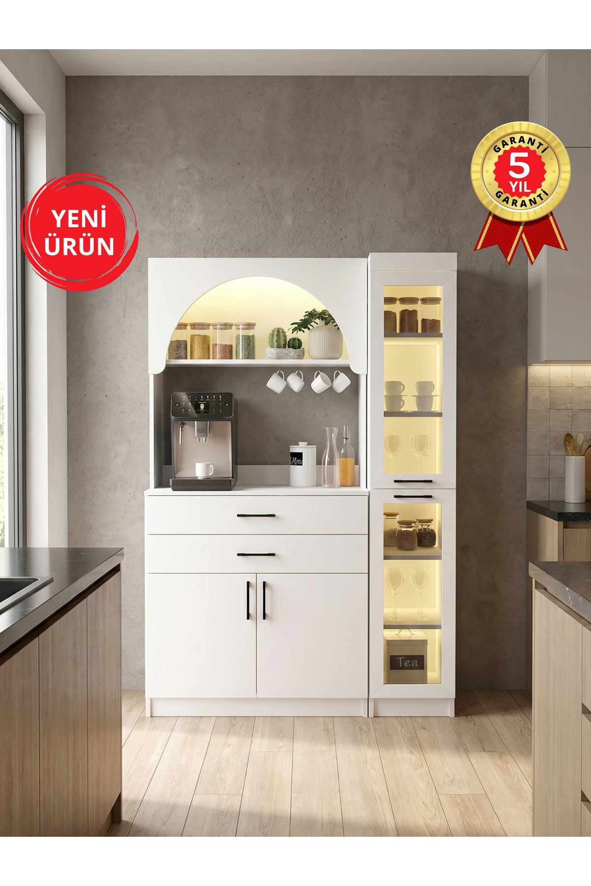 Led Lighted Tempered Glass Coffee Corner with Lid – Multipurpose Kitchen and Pantry Cabinet with Drawer White | Sardes & Didima