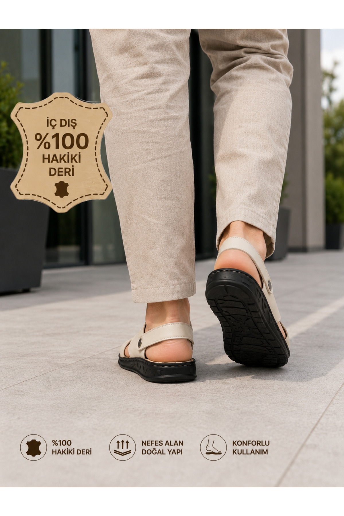 Cooka Shoes Erkek Siyah Hakiki Deri Sandalet Terlik – İç Dış %100 Deri, Konforlu ve Şık Günlük Kullanım – Krem