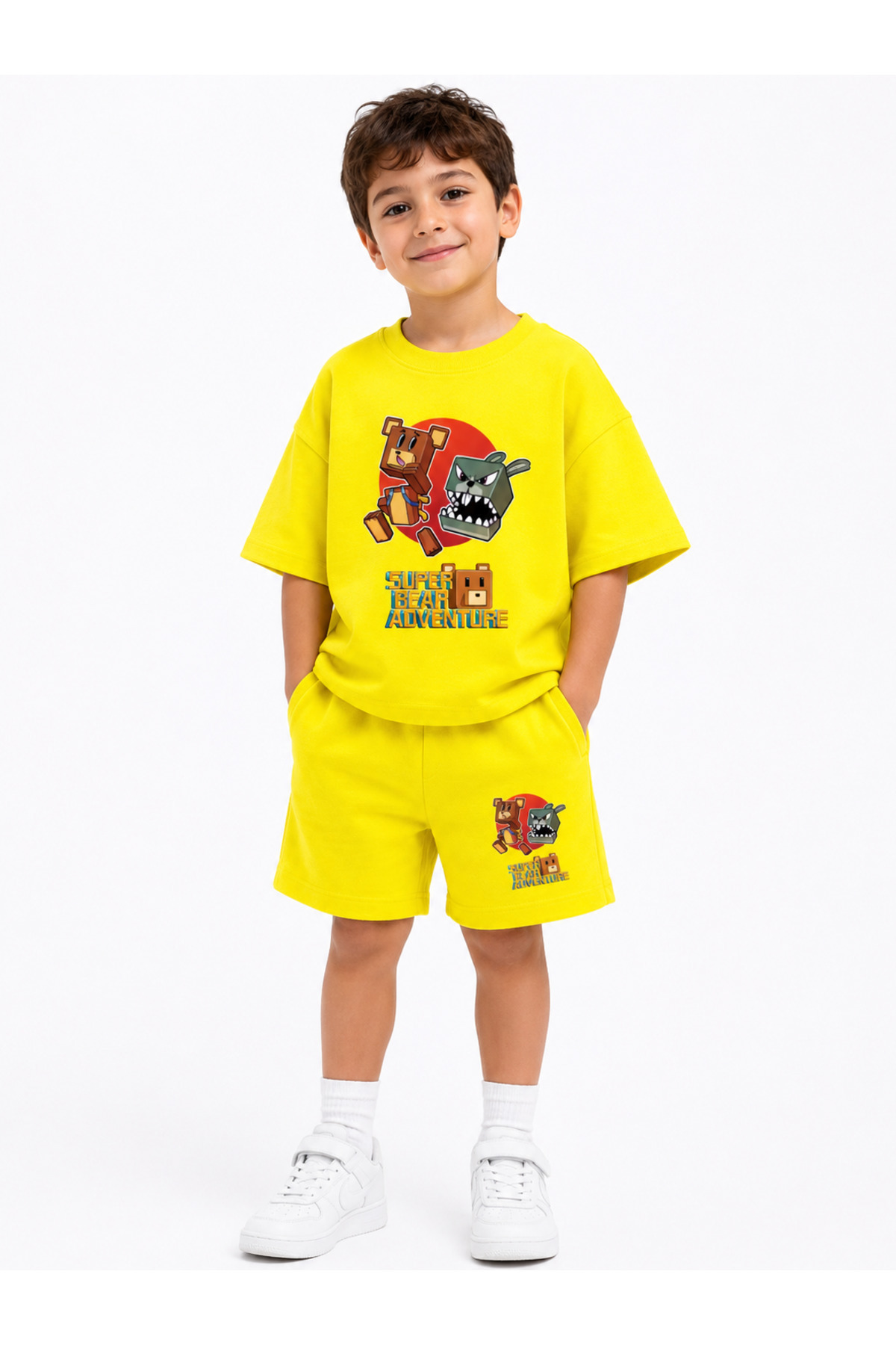 Super Bear Adventure Super Bear Printed Oversize 100% Cotton T-Shirt Shorts 2pcs Kids Set