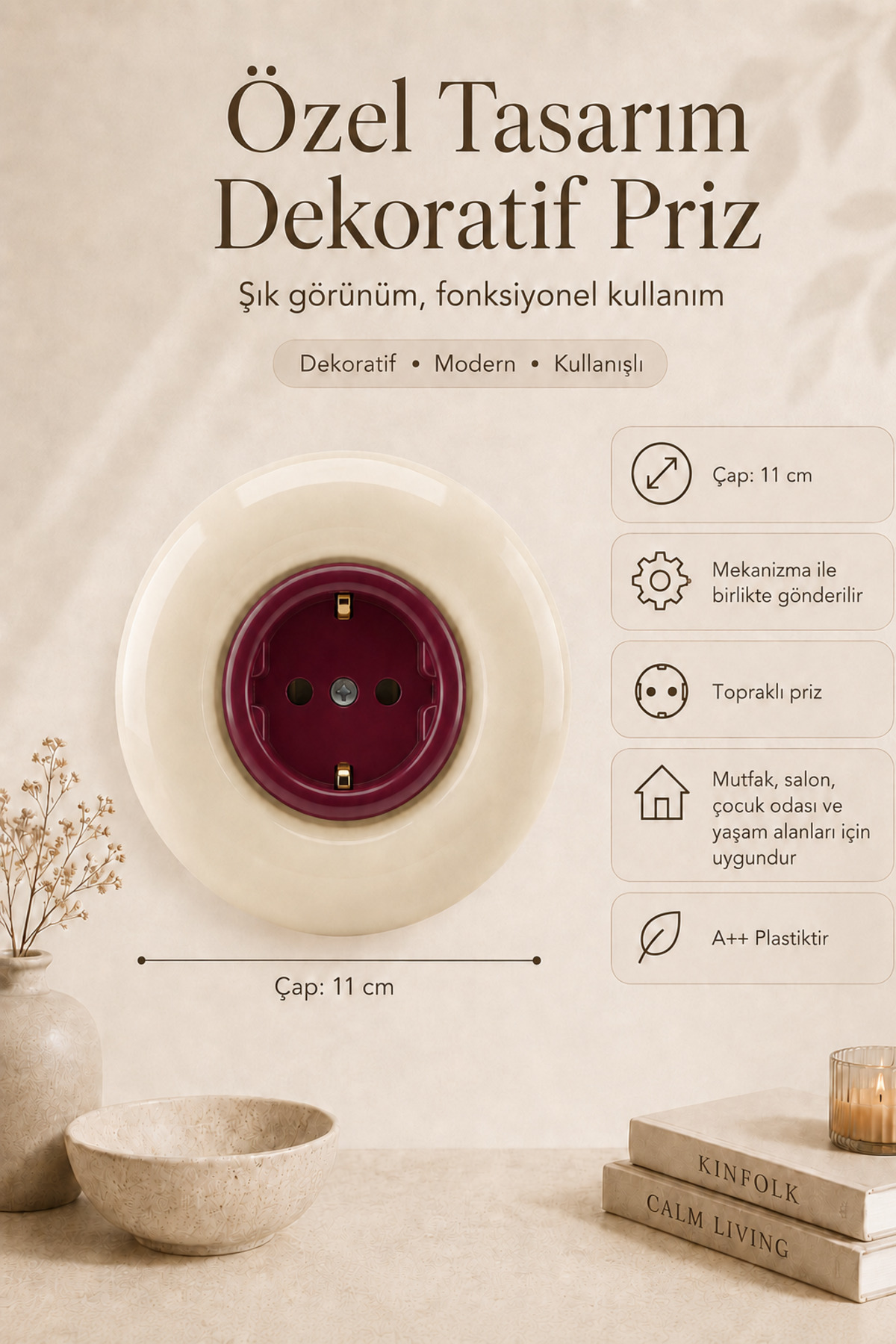 Özel Tasarım Bubble Serisi Dış Krem İç Bordo Dekoratif Priz A Kalite Plastik (Mekanizma Dahildir)