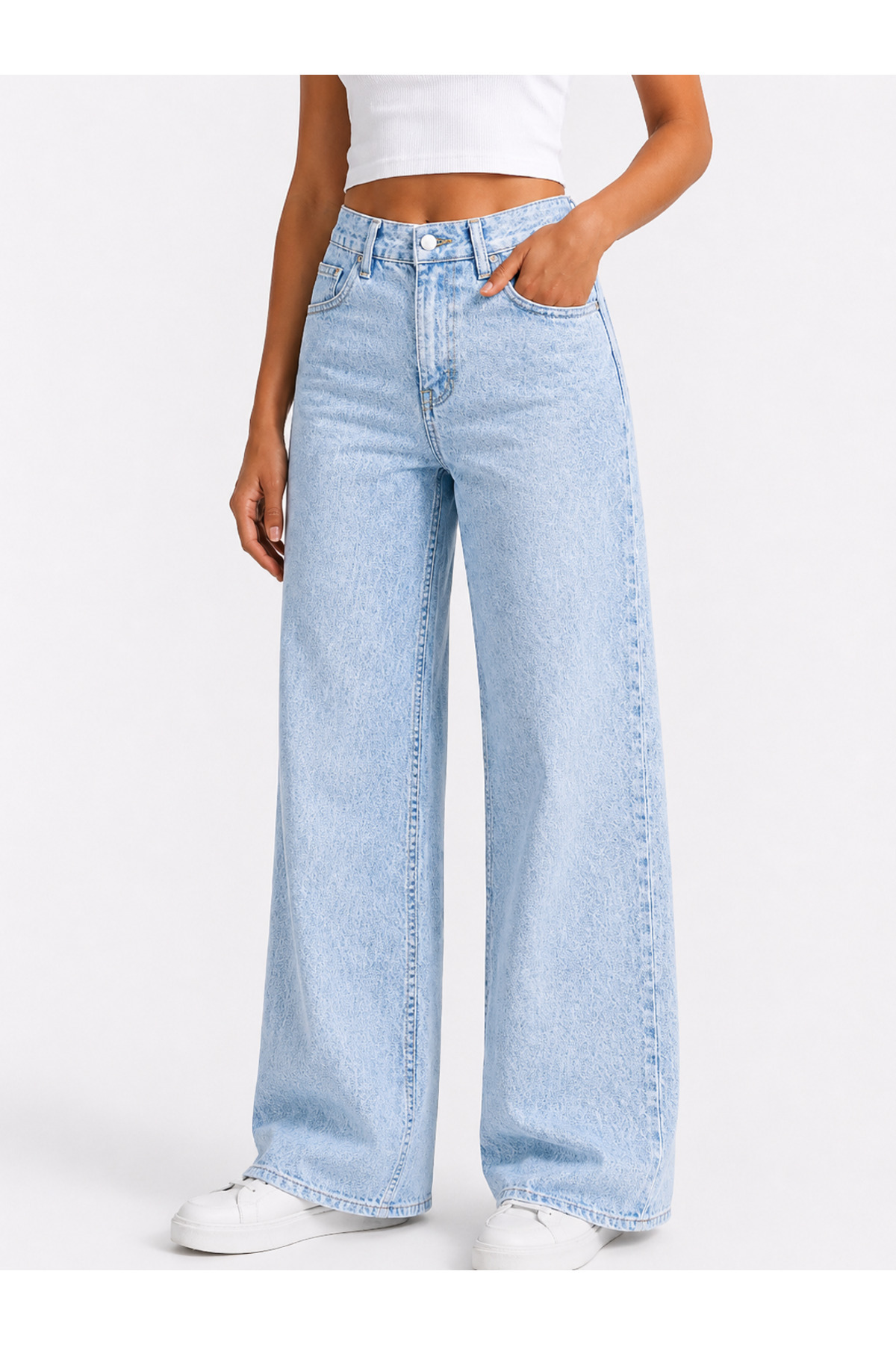 J&KSTORES Kadın Yüksek Bel Bol Paça Jean Kot Palazzo Pantolon görsel 3