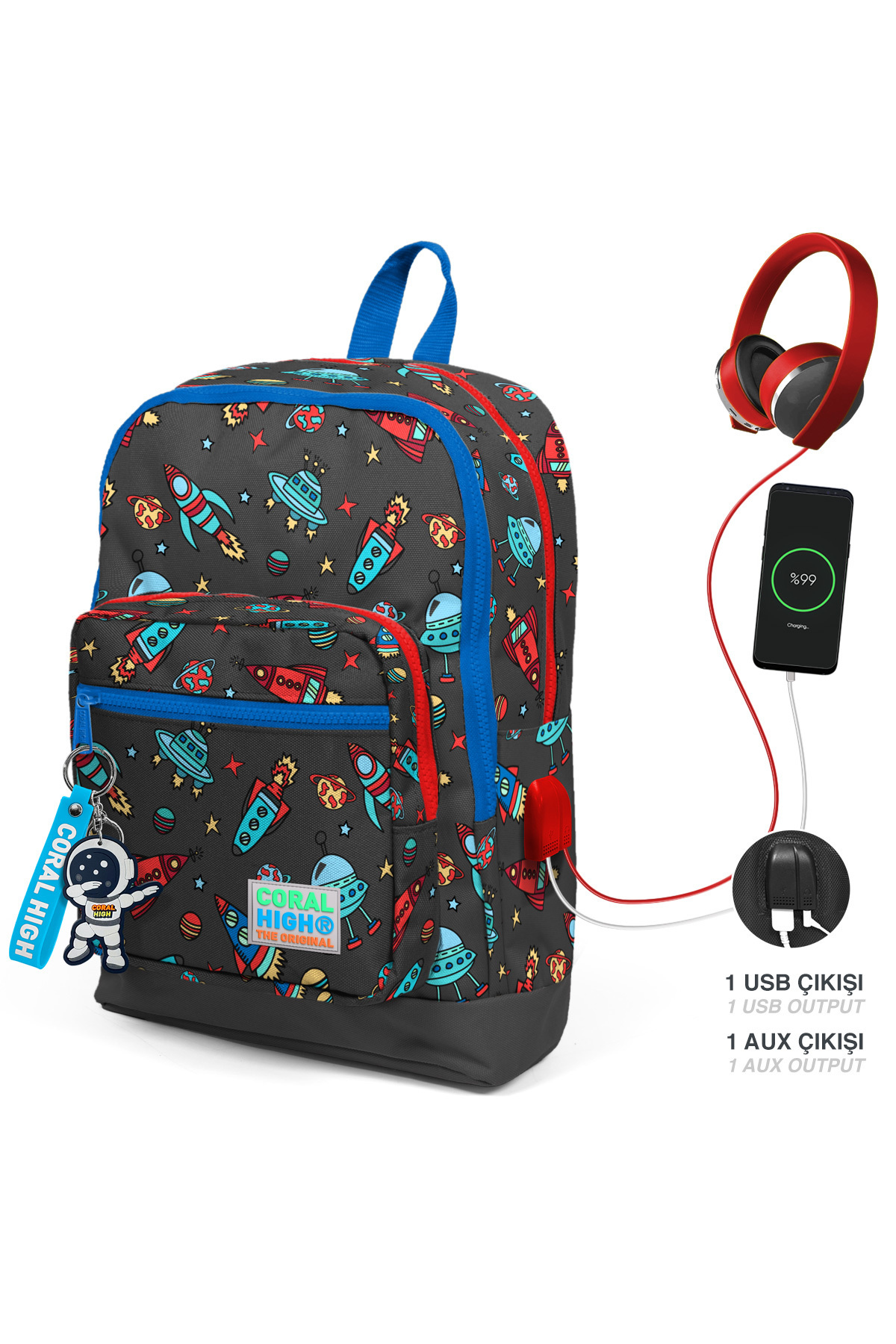 Grey Space Pattern Usb Rechargeable Headset School Backpack with Spout 23279