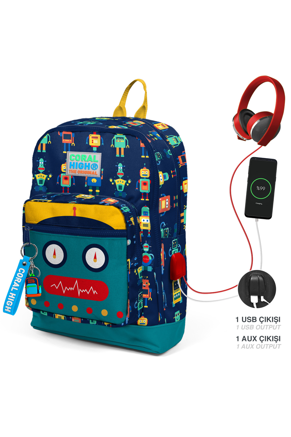 Kids Navy Blue Robot Patterned Usb Rechargeable Headset School Backpack with Spout
