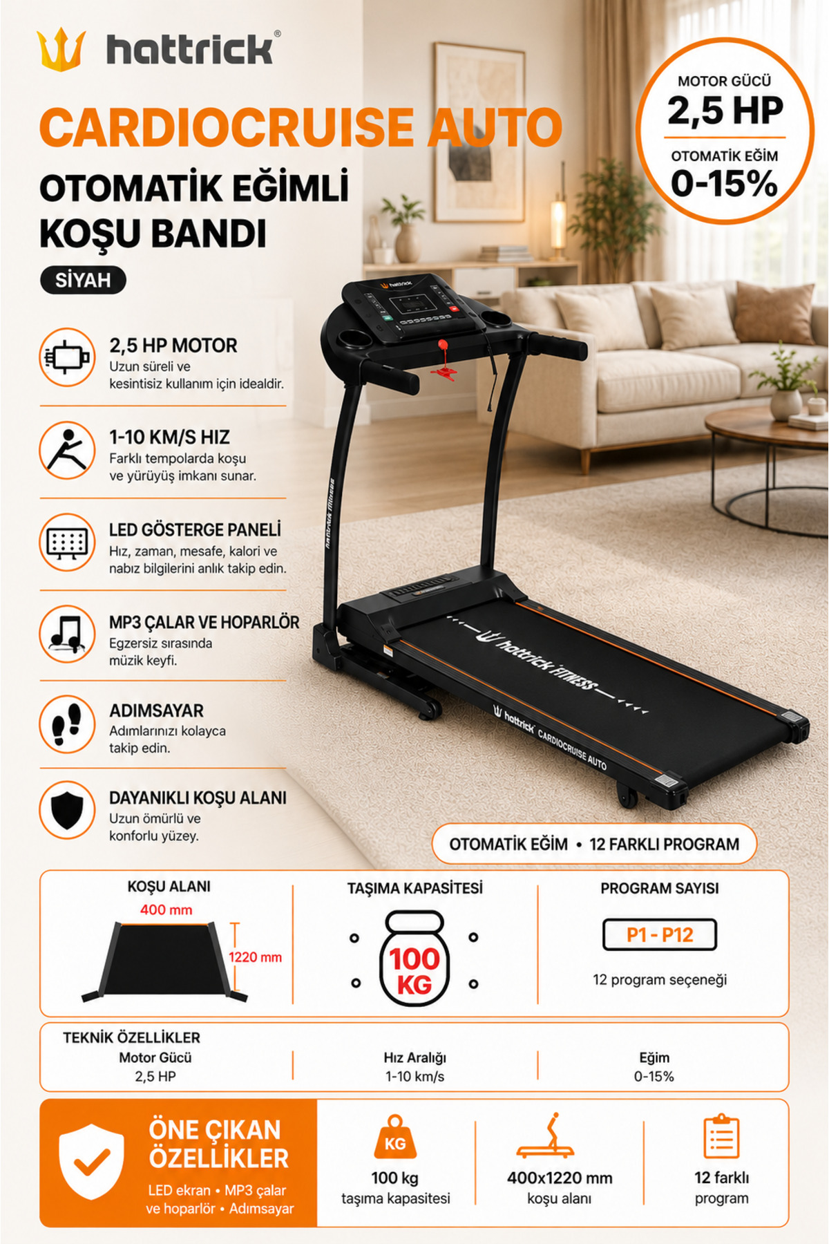 Hattrick Cardiocruise Auto Otomatik Eğimli Koşu Bandı