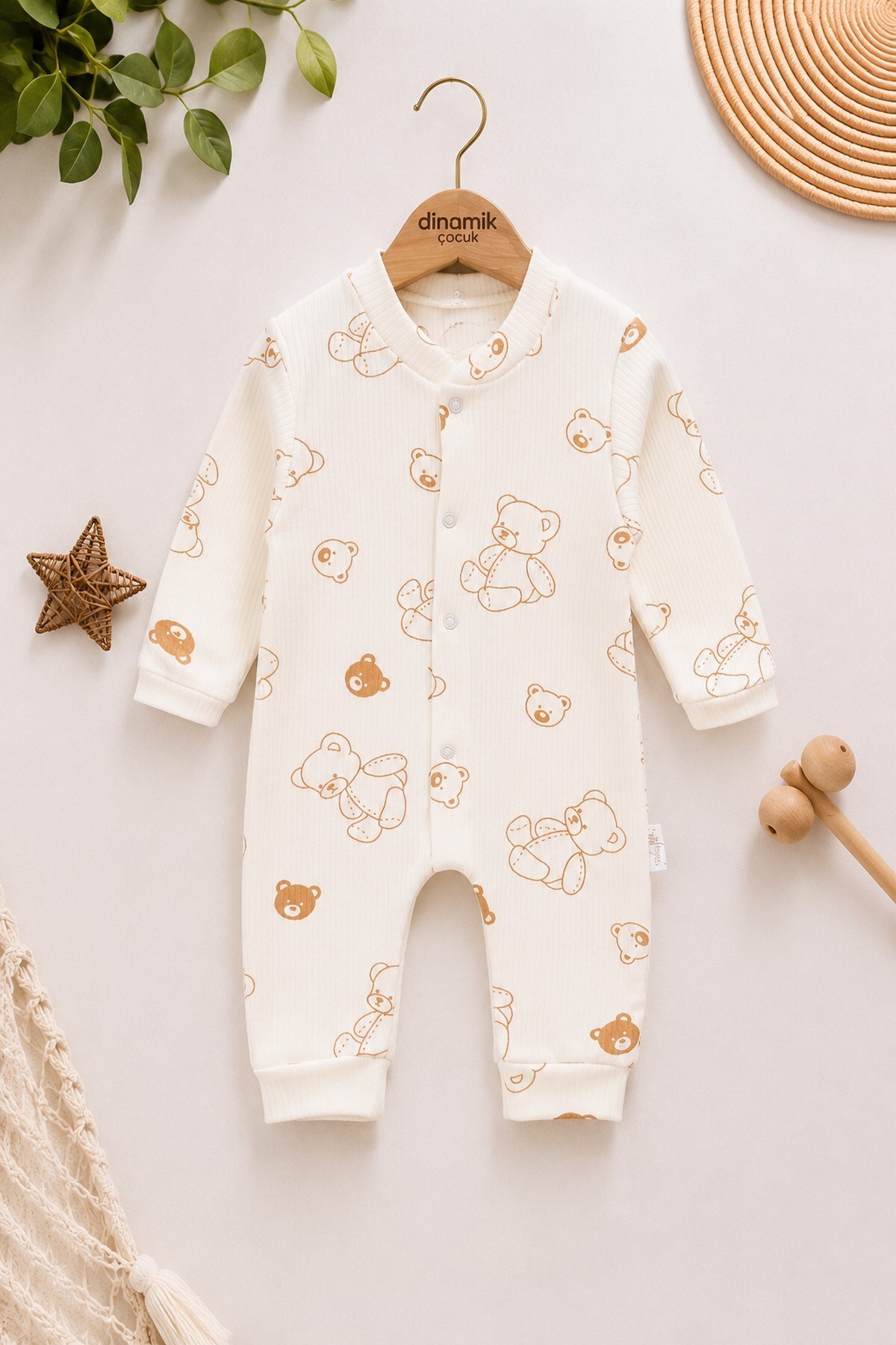 Unisex Baby Teddy Bear Printed Ribbed Fabric Snap Fastener Newborn Baby Jumpsuit 100% Cotton Flexible 1-3-6Month