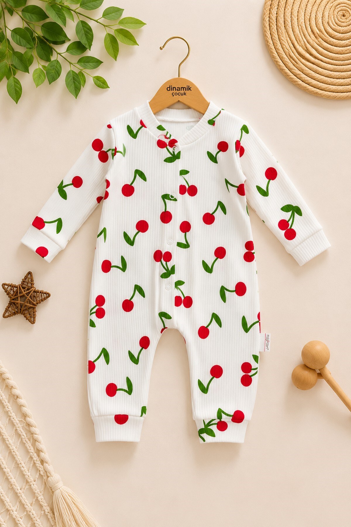 Baby Girl Big Cherry Report Printed Baby Jumpsuit Ribbed Snap Fastener Newborn 100% Cotton 1-3-6 Months