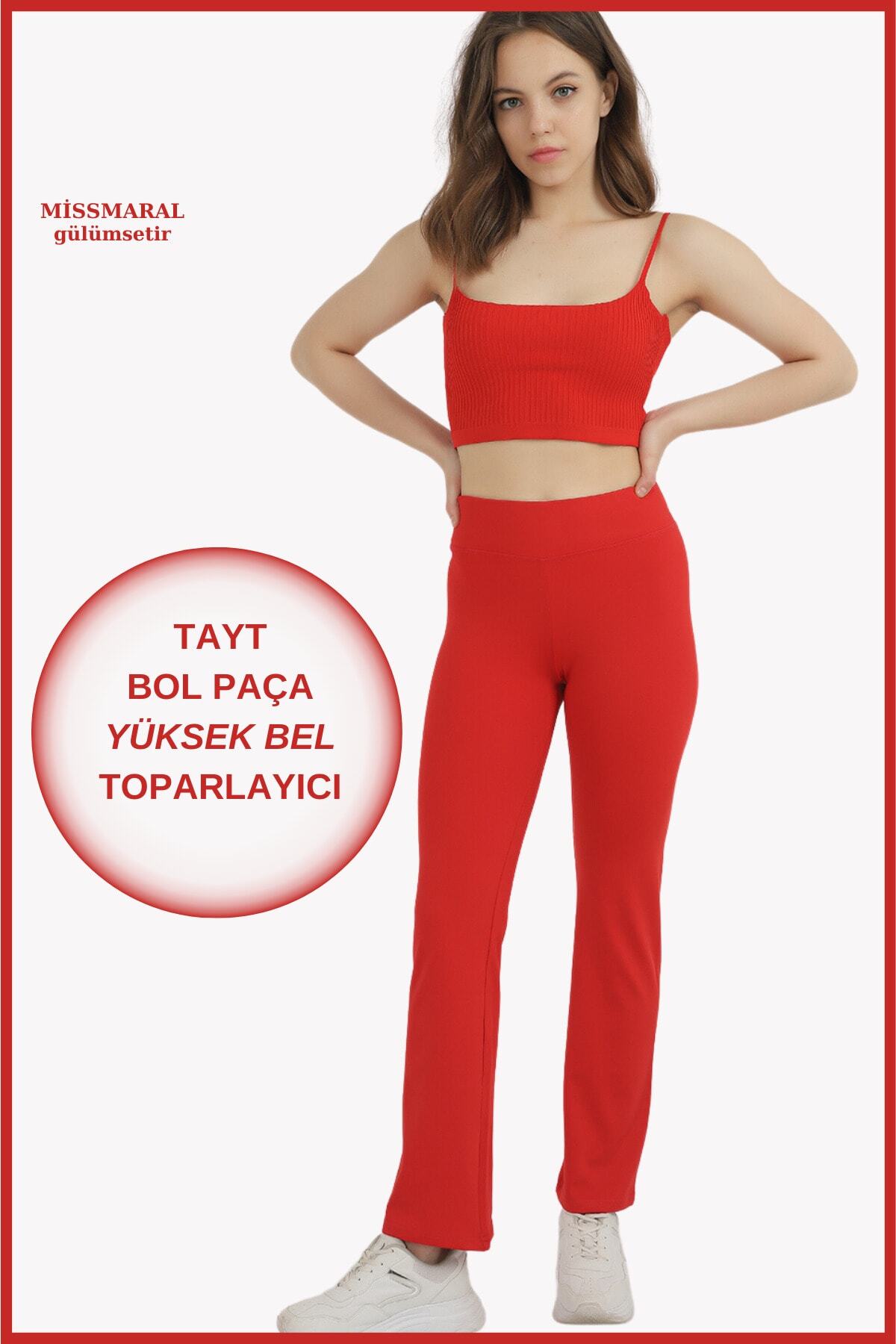 Women Leggings Wide Leggings Red Wide Elastic High Waist Full Length Plunging Fabric 105101