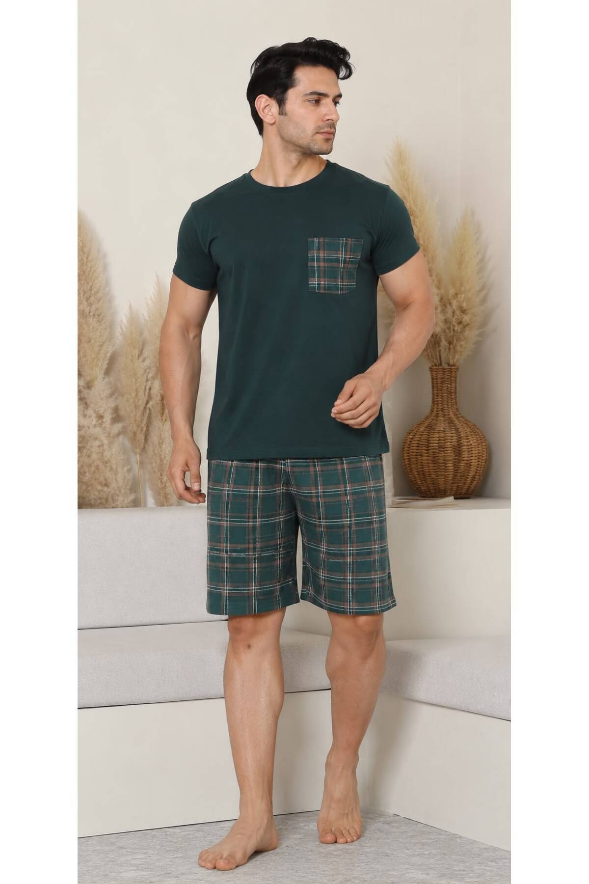 Sude HOMEWEAR Ercan Men's Short Sleeve Top with Pocket Bottom Capri Pjm Takm
