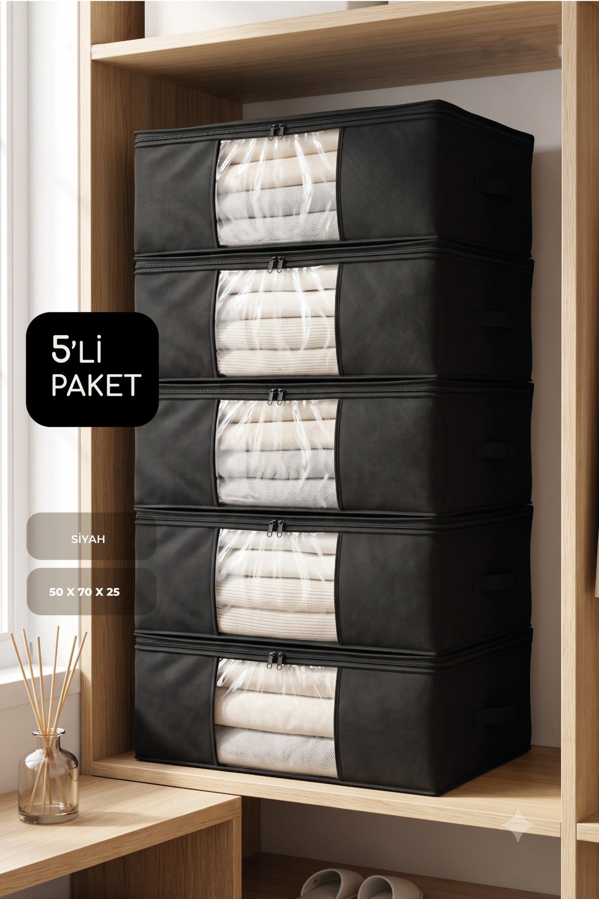 5-Piece Set Large Size 70x50x25cm Windowed Sofa Bed & Base Bottom, Duvet & Pillow Organizer Hatch Black