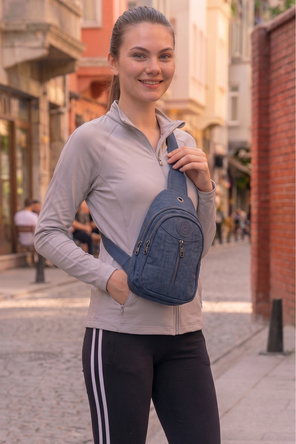 Luvenis Unisex Lacivert Krinkıl Body Bag Çapraz Omuz Ve Bel Çantası görsel 5