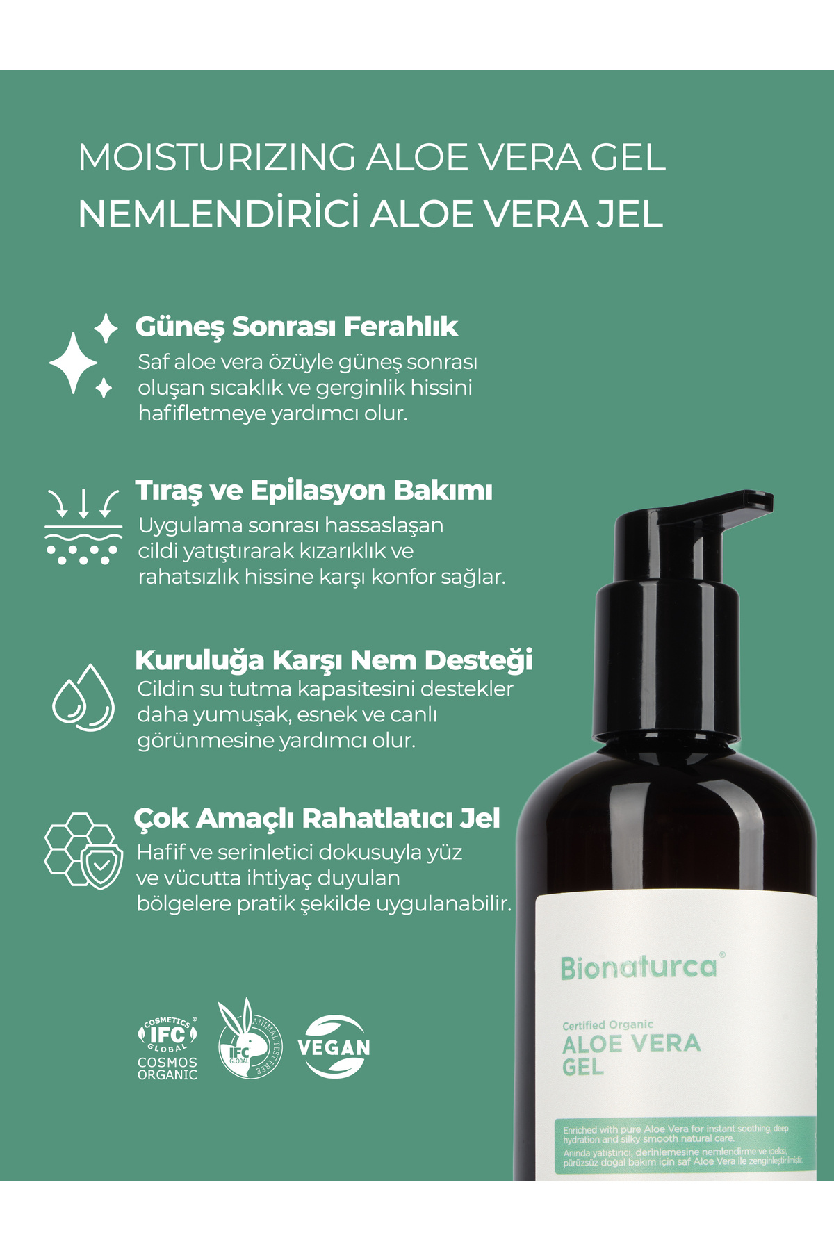 Organik Sertifikalı Onarıcı Nemlendirici Aloe Vera Jel 250 ml — AVJ250 — تصویر 3 از 7