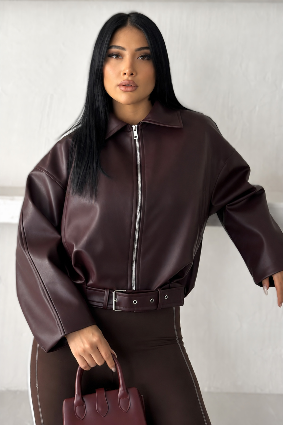 moda armanc Kadın Oversize Bomber Suni Deri Ceket | Yeni Sezon Kemerli Biker Ceket görsel 2