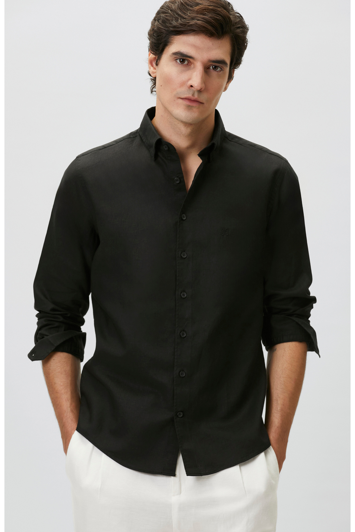 Network Slim Fit Siyah Keten Gömlek