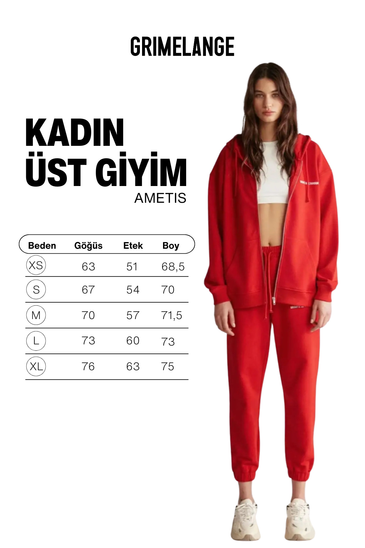 GRIMELANGE Ametıs Kadın Oversize Organik Pamuklu Metal Fermuarlı Kapüşonlu Kırmızı Sweatshirt görsel 6