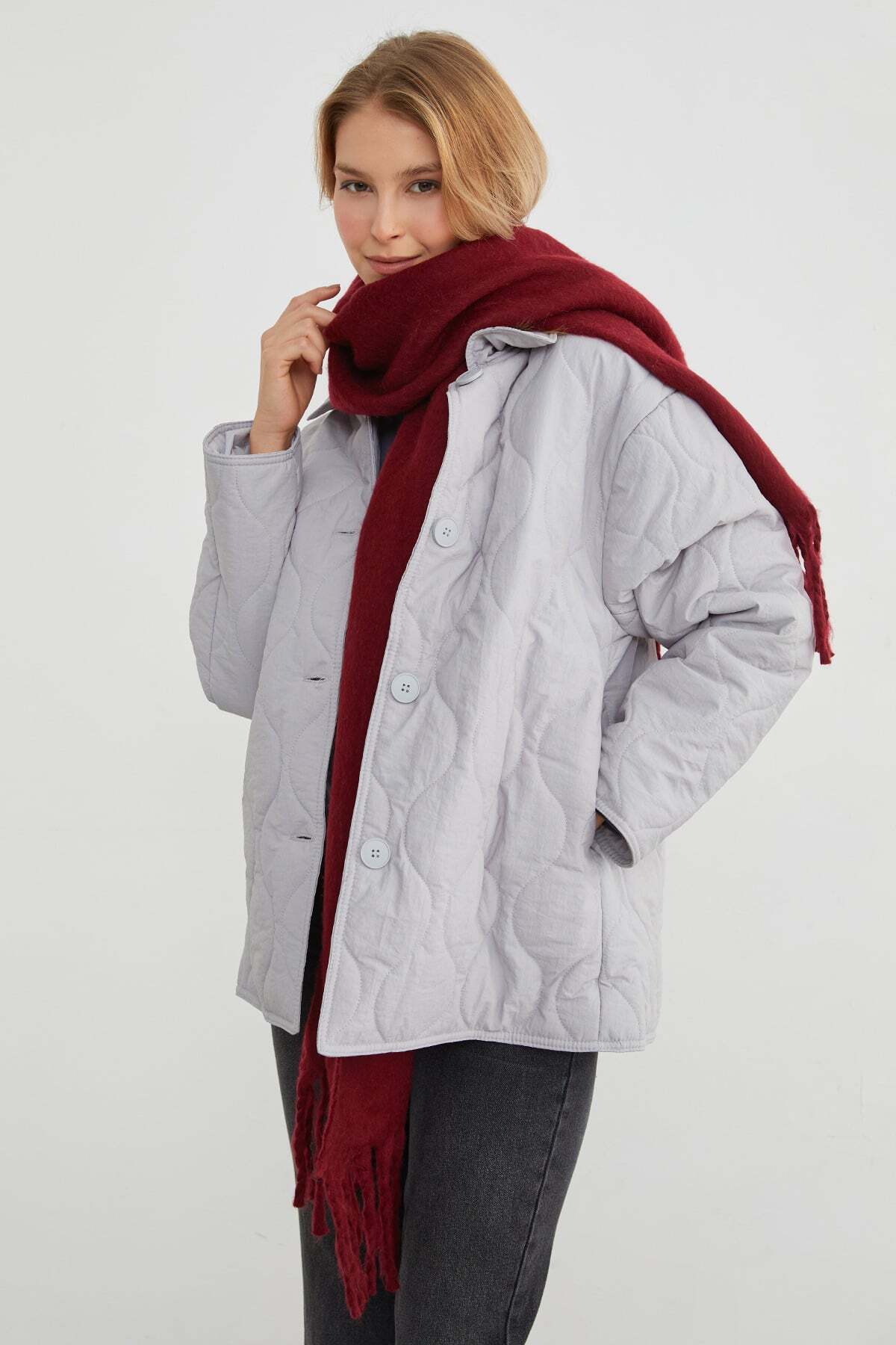 Fulla Moda Su Yolu Desenli Kapitone Oversize Düğmeli Mont görsel 3