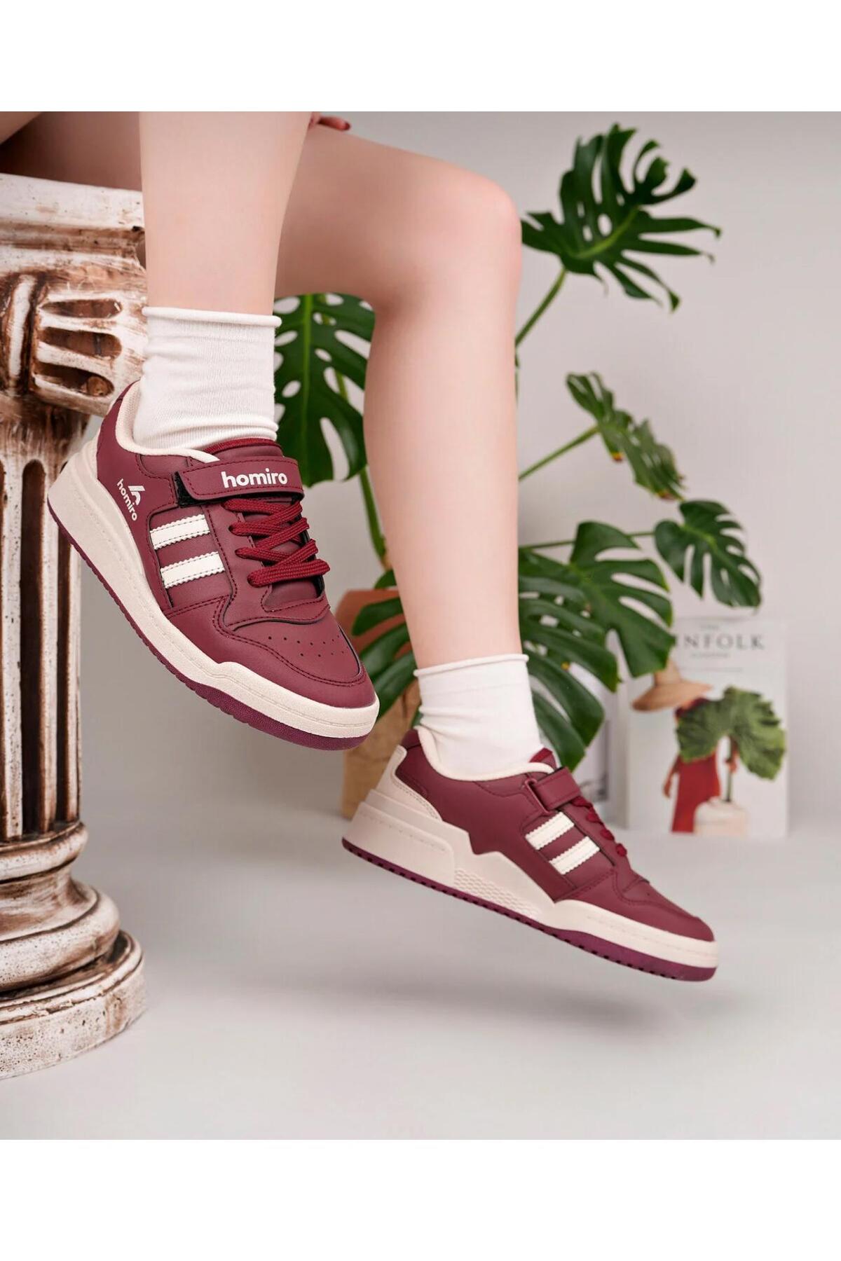 homiro Unisex Bağcıklı Cırtlı Spor Sneaker Ayakkabı-Bordo-Beyaz görsel 5