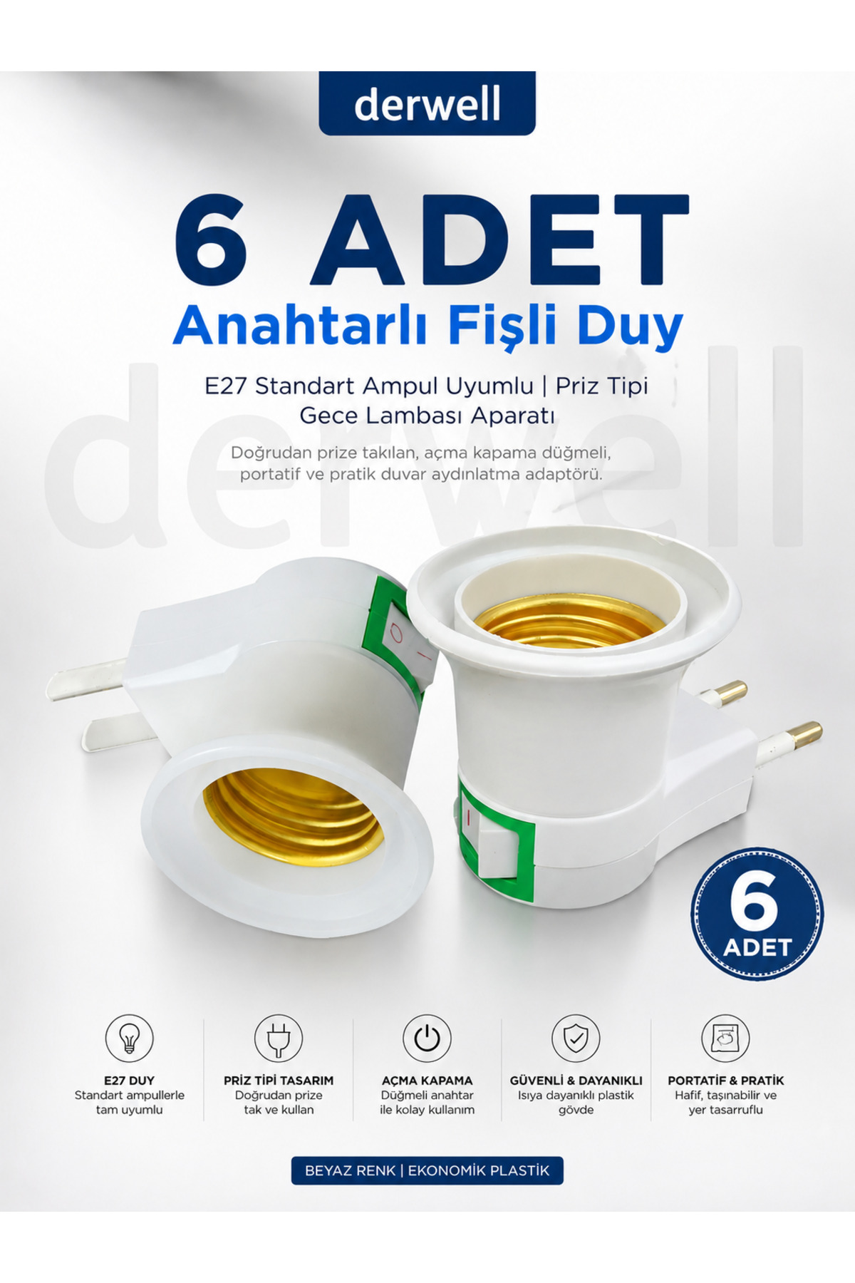 6 ADET Anahtarlı Fişli Duy; E27 Standart Ampul Uyumlu Priz Tipi Gece Lambası Aparatı (Doğrudan Priza Takılan Açma Kapama Düğmeli Portatif Pratik Duvar Aydınlatma Adaptörü, Beyaz Renk Ekonomik Plastik)