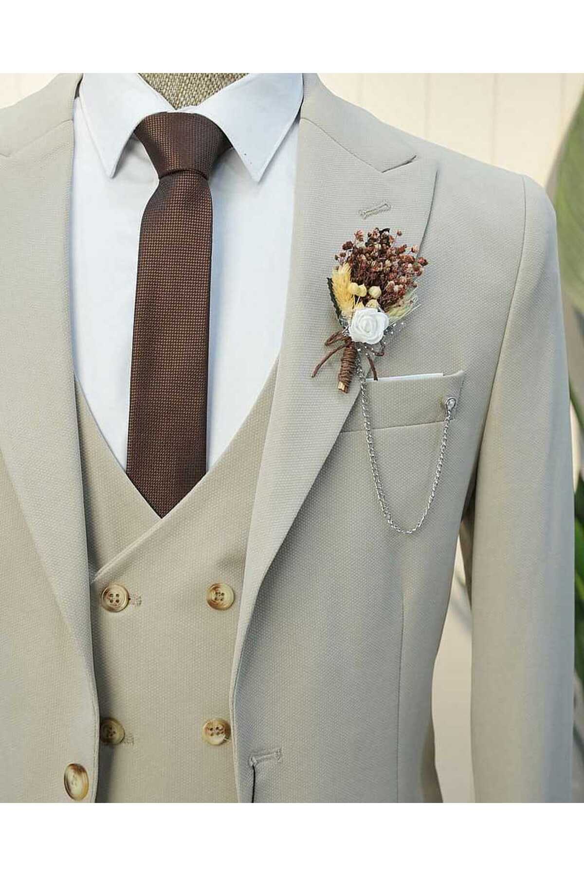 Beystil Sivri Yaka Krem Yelekli Takım Elbise Petek -Slim Fit görsel 3