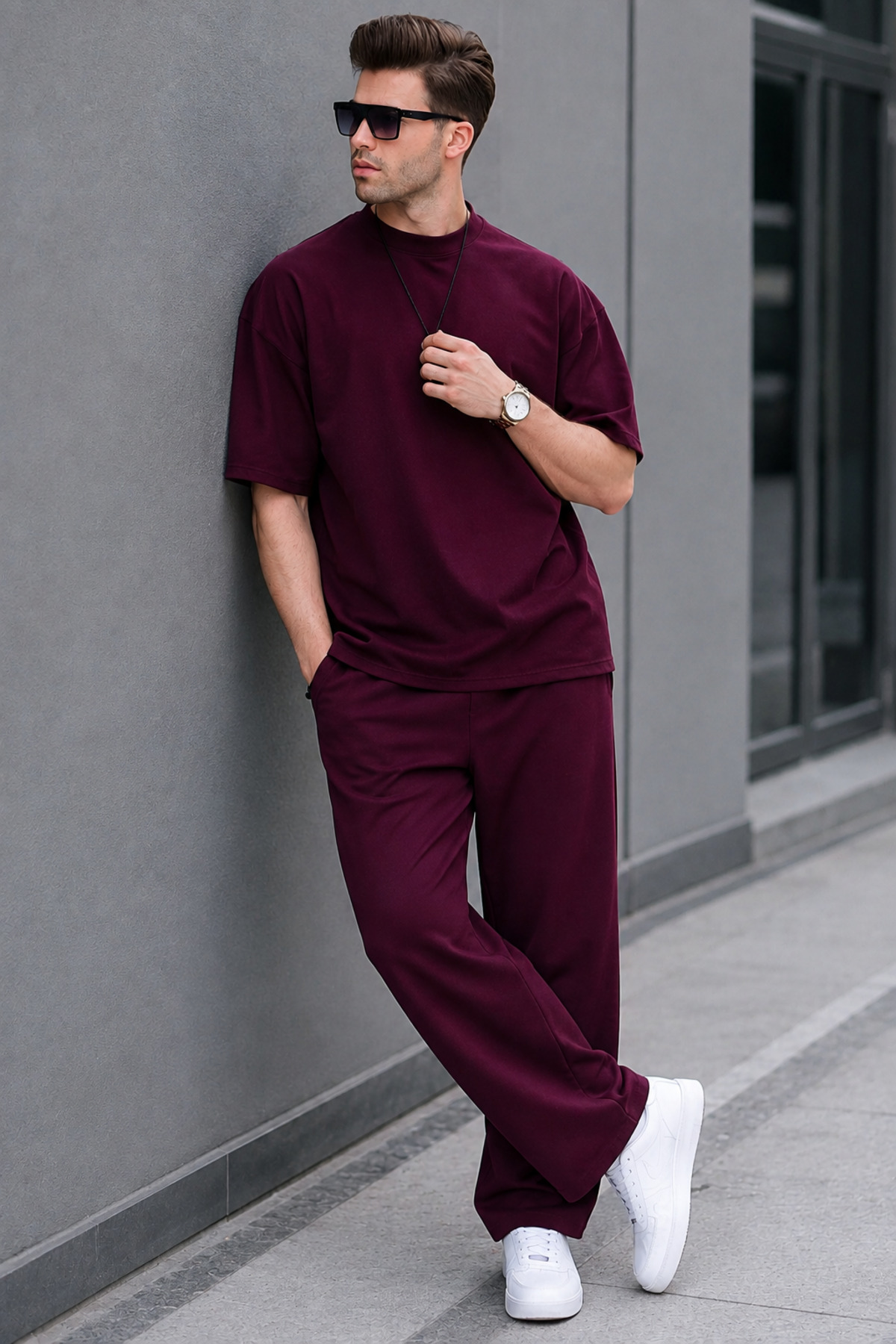 Erkek Yazlık Bisiklet Yaka Oversize Eşofman Takımı — زرشکی ykmltkstl2 — تصویر 2 از 2
